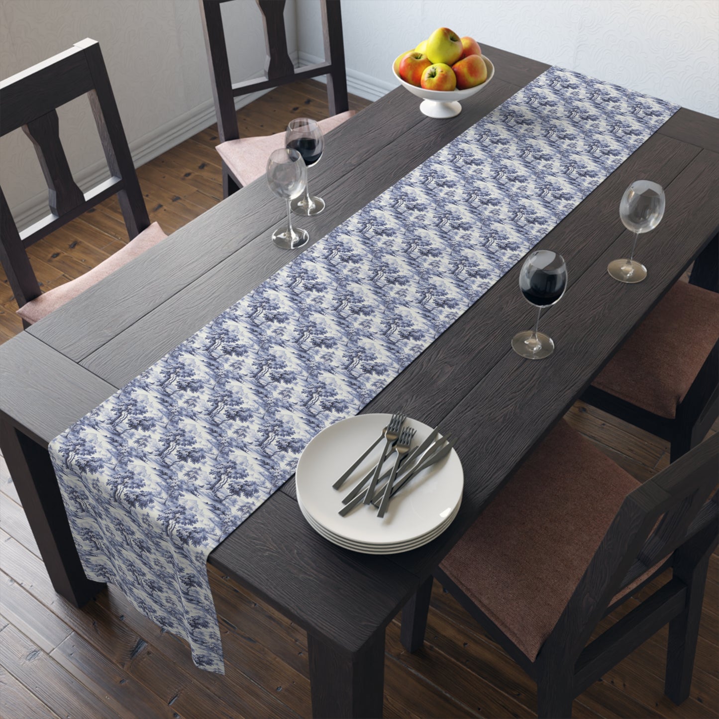 Blue & White English Countryside Table Runner - Cotton Twill - Available in 2 sizes: 16" x 72" and 16" x 90".