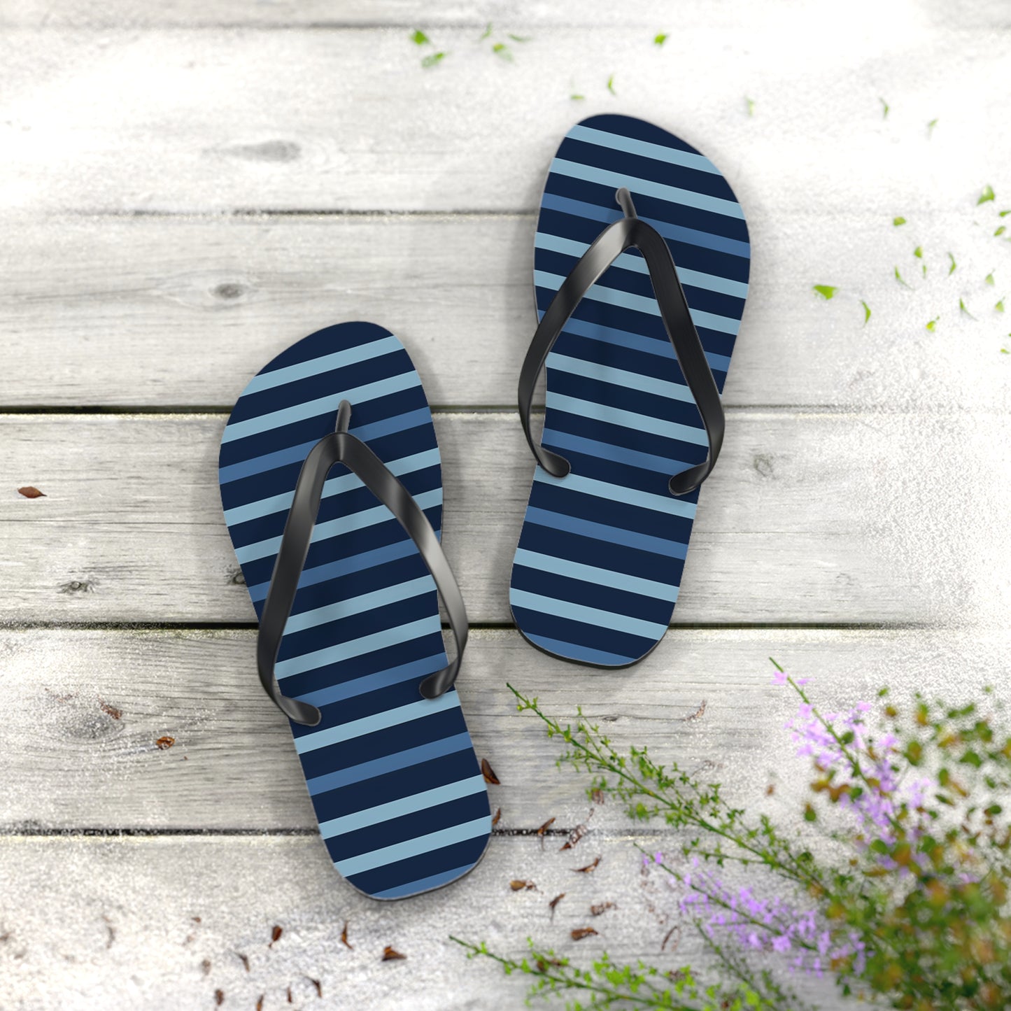 Shades of Dark Blue Stripes Flip Flops. 5/8" Thick Comfortable Summer or Winter Gym/Sauna Footwear for Men and Women.