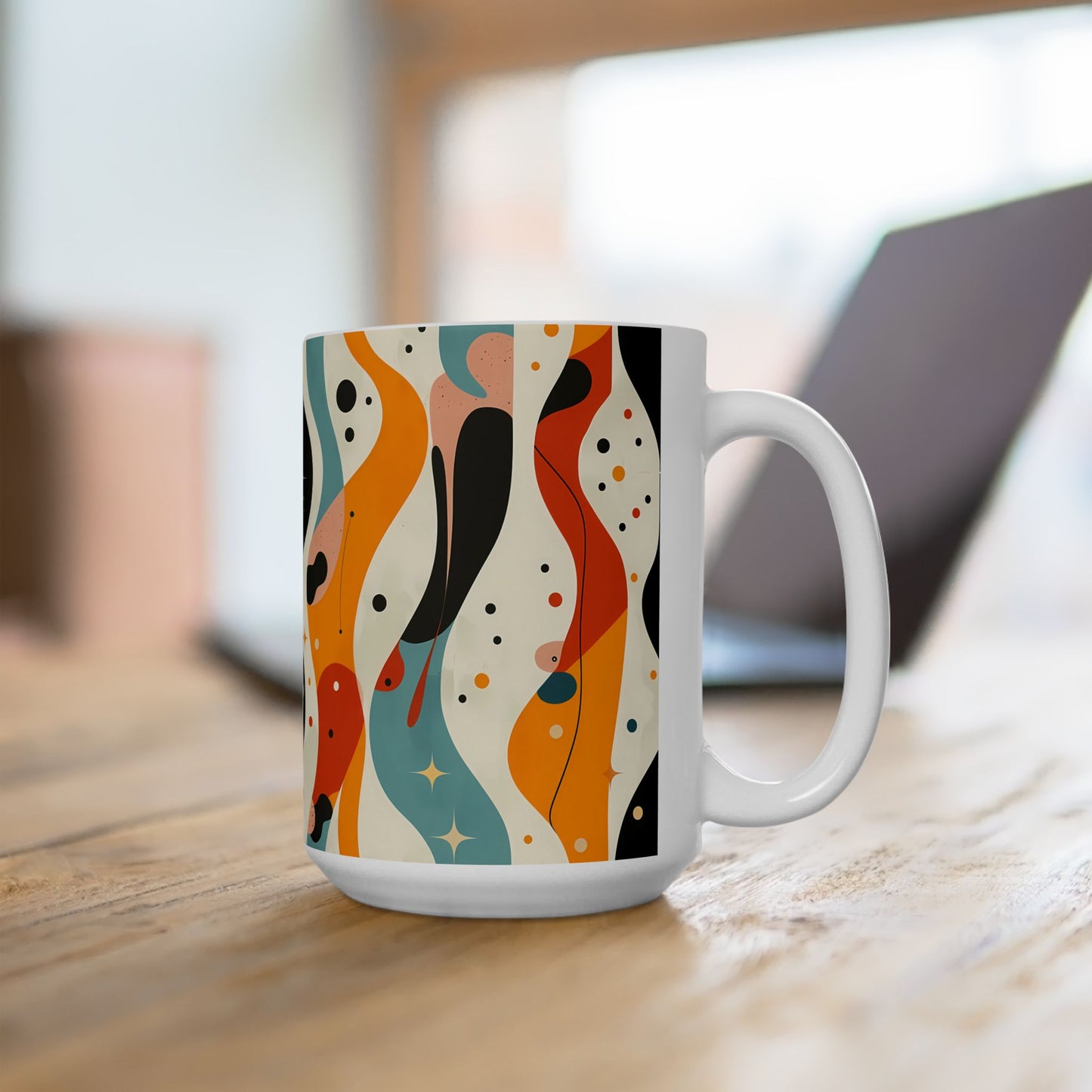 Midcentury Autumn Spacewaves Ceramic Mug - 15 oz. - Ride the Retro Wave with Autumn Vibes!