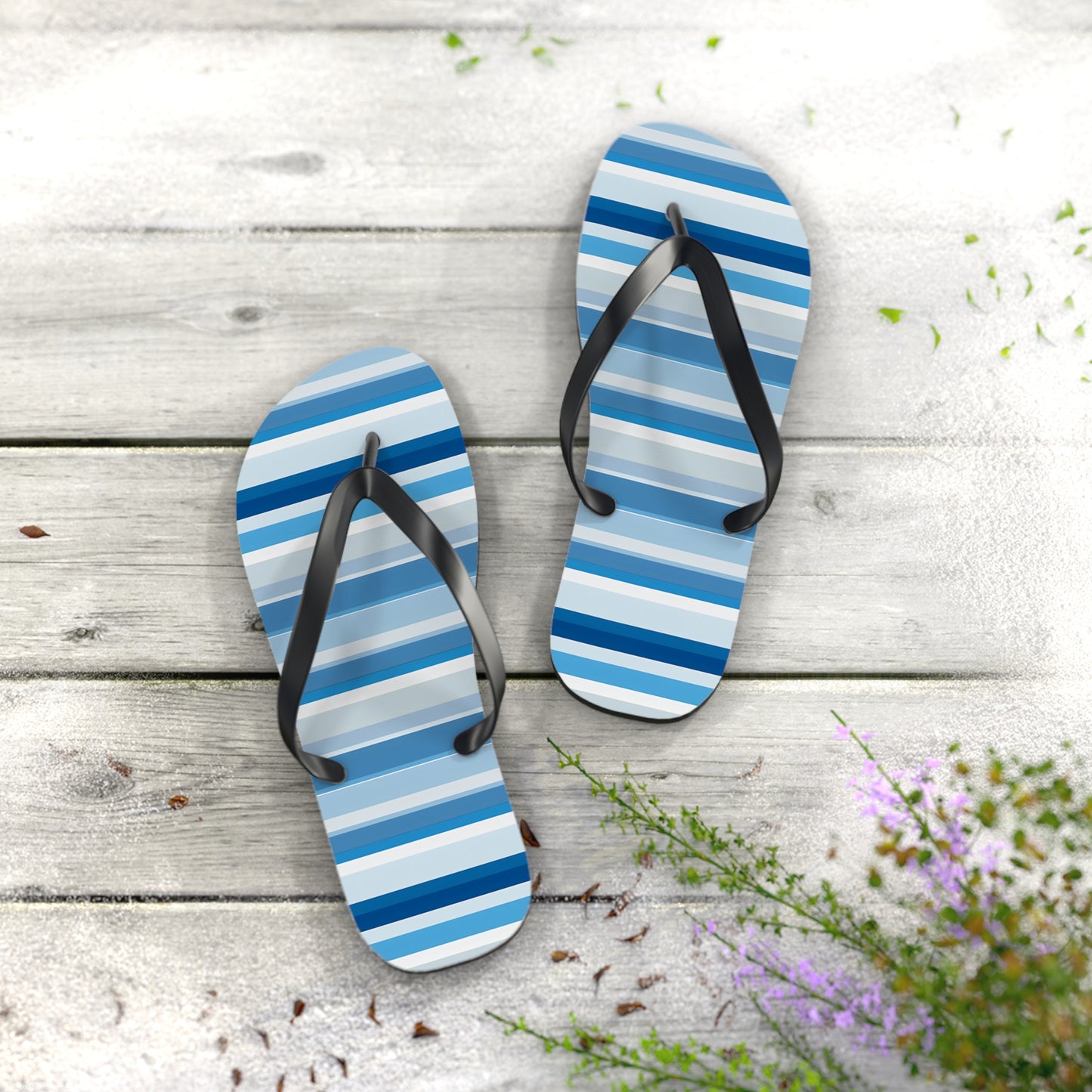 Shades of Light Blue Stripes Flip Flops. 5/8" Thick Comfortable Summer or Winter Gym/Sauna Footwear for Men and Women.