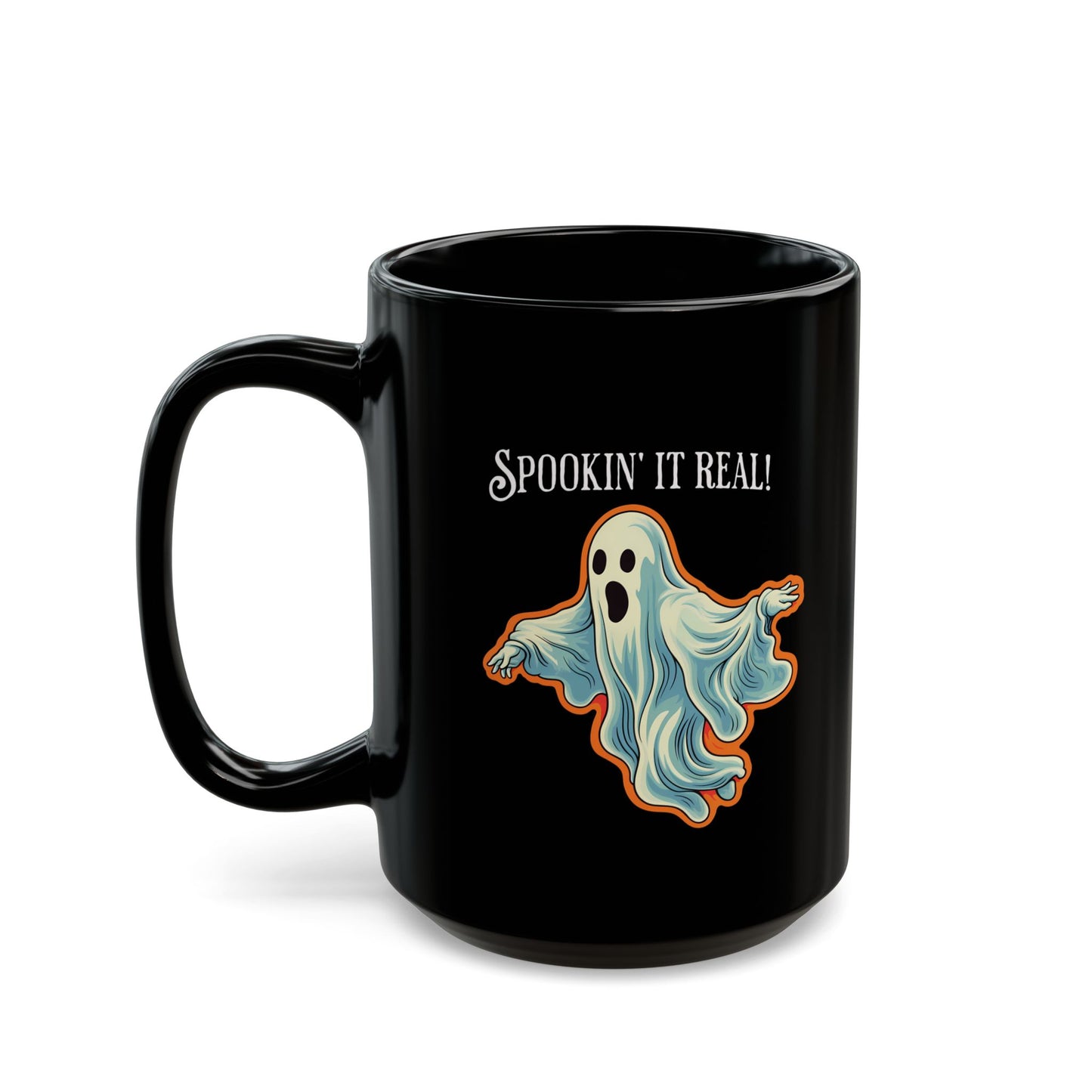 Spookin it' Real Chic Retro Ghost Halloween Black Mug - 11oz, 15oz - Start Your Day with a Ghostly Good Brew!