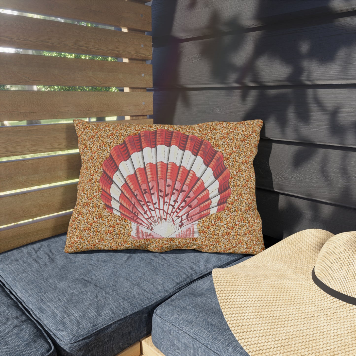 Scalloped Seashell Outdoor Lumbar Pillow - Spun Polyester - Double-Sided Print - UV-Resistant - Water-Resistant - Lumber size: 20" x 14"