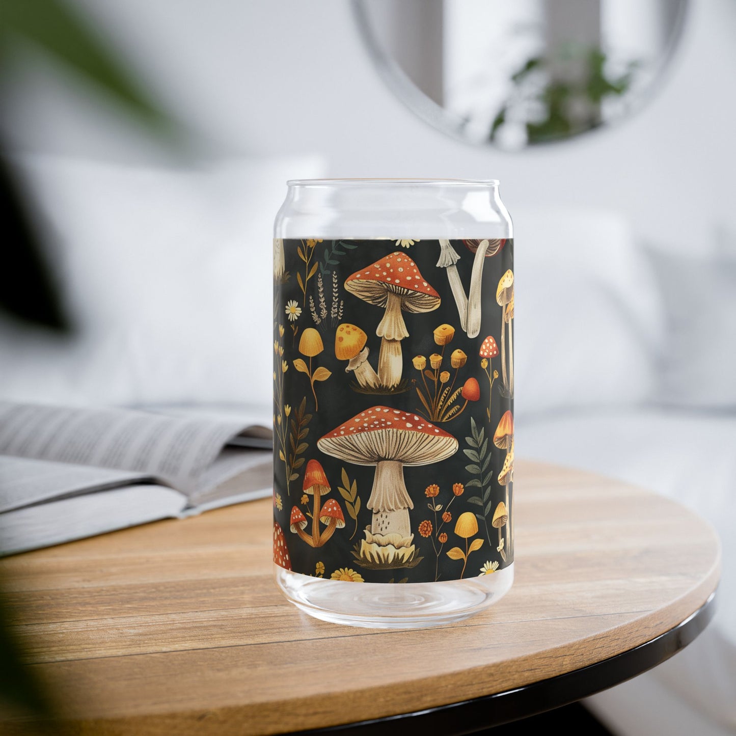 Whimsical Mushroom Forest Sipper Glass Tumbler - 16 oz - Sip Through a Magical Forest of Mushrooms!