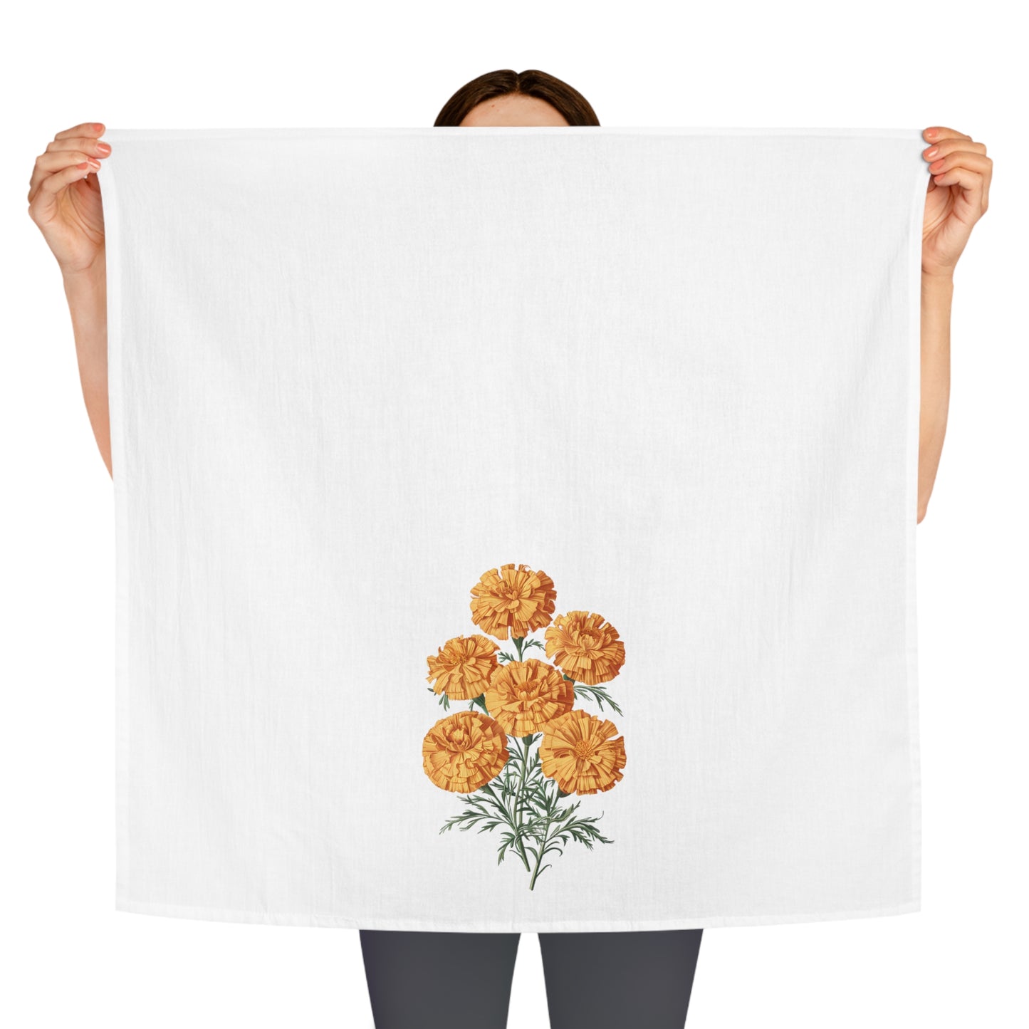 October Birth Month Flower - Marigold Tea Towel - 100% Cotton - 28" x 28" - Brighten Your Kitchen with October’s Golden Blooms! From our Blooming Celebration Birth Flower Collection.