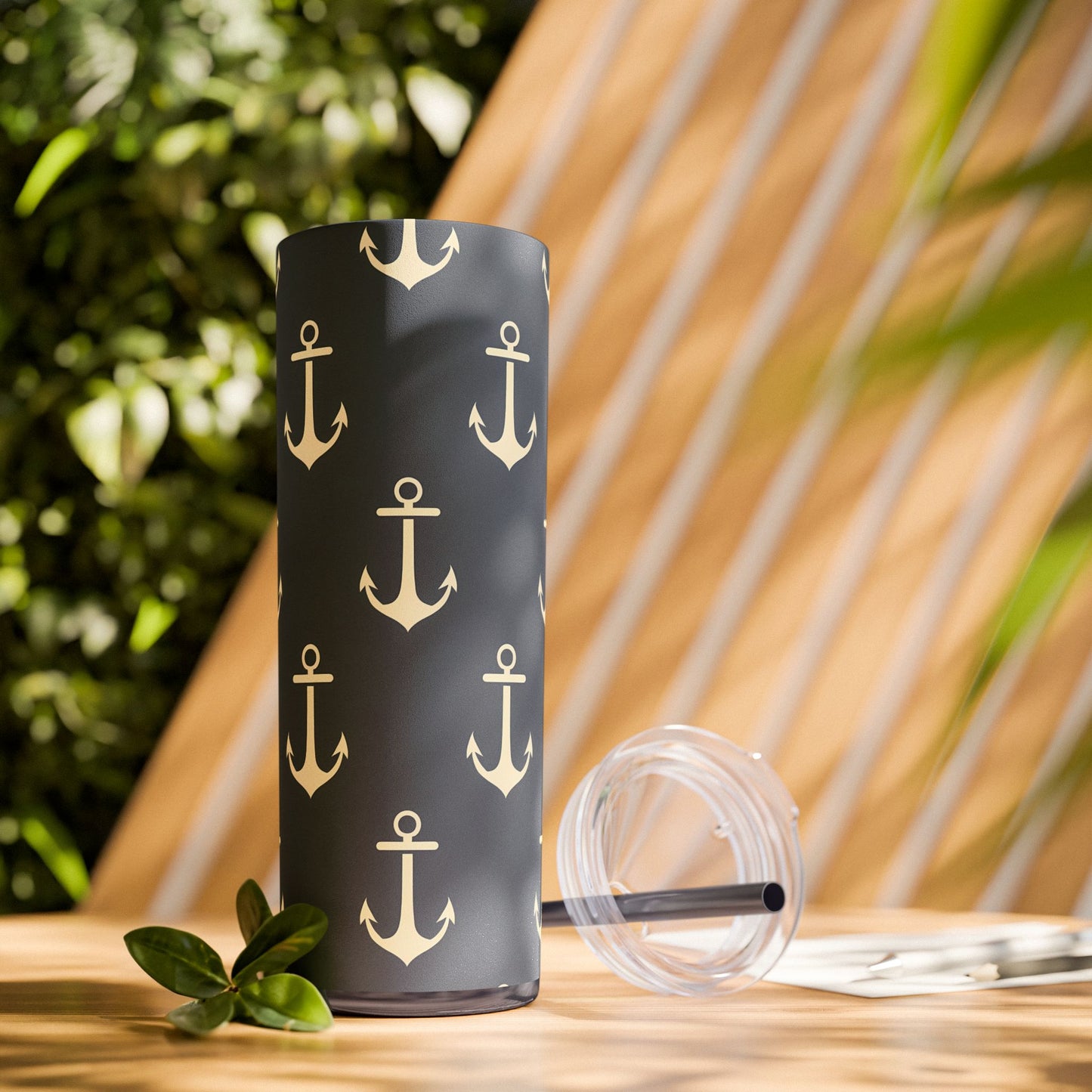 Anchors Aweigh Skinny Tumbler with Straw - 20 oz. Insulated Stainless Steel - Set Sail in Style with Our Anchors Aweigh Tumbler! Ahoy Mates!