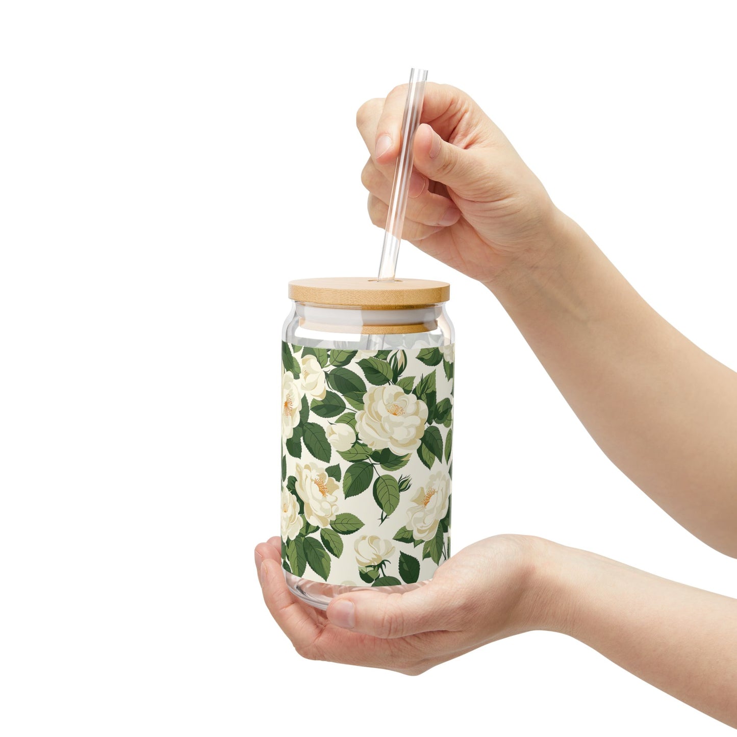 White Roses at Dawn Sipper Glass Tumbler - 16 oz - Life's a Bed of White Roses When You Sip from our White Rose Sipper Glass!