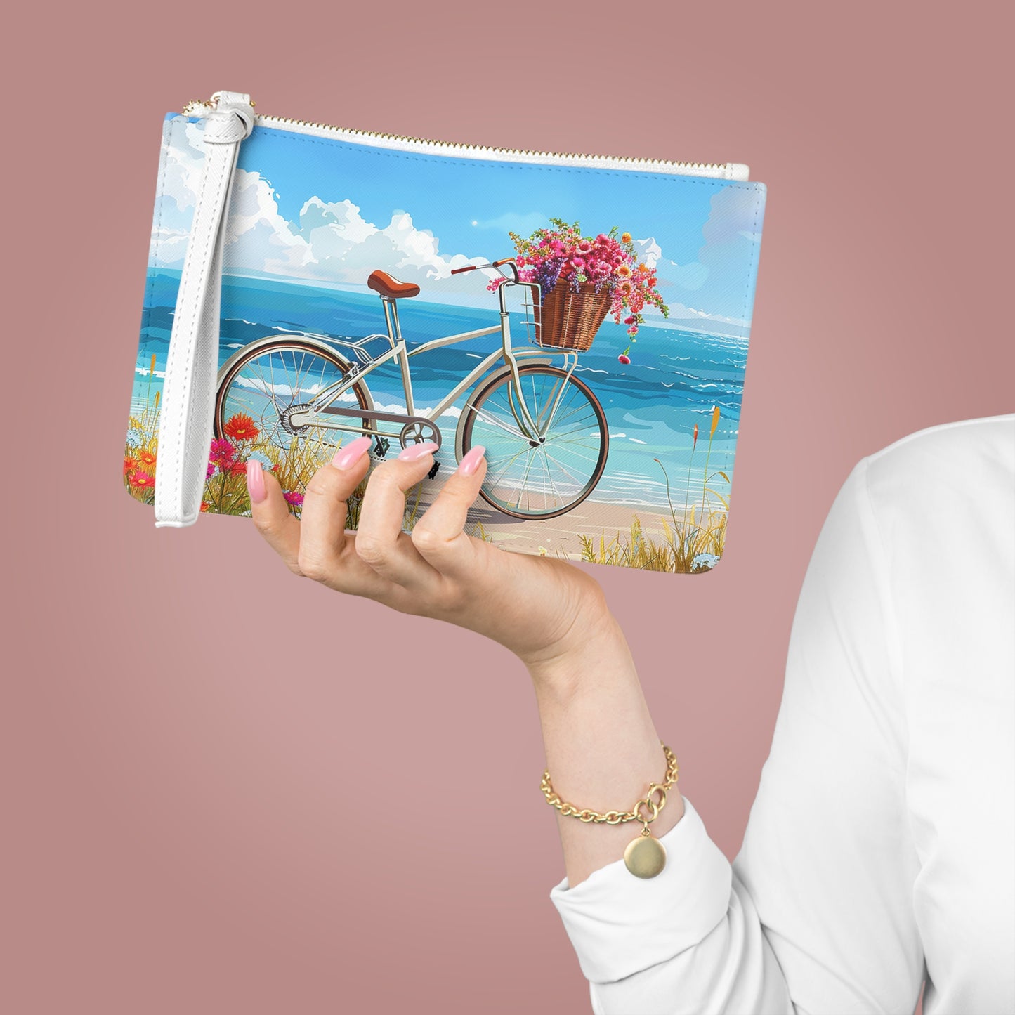 Daisy Beach Rider Women's Clutch Bag - PU Faux Leather - Saffiano Finish - Wrist Strap!