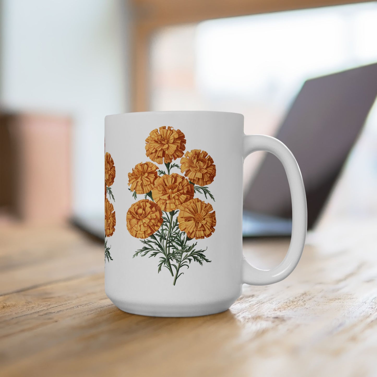 October Birth Month Flower - Marigolds Ceramic Mug - 15 oz. - Sip in the Golden Glow of October Marigolds! From our Blooming Celebrations Birth Month Flower Collection.