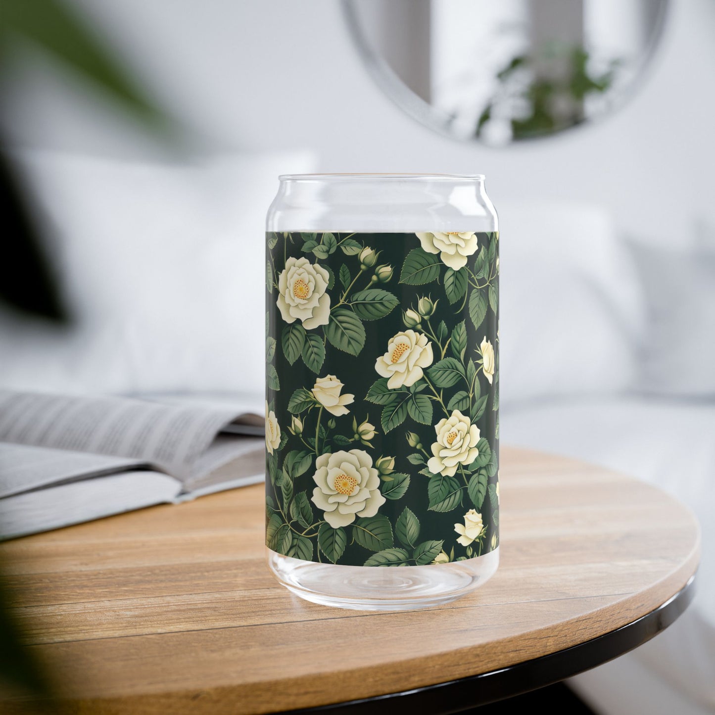 White Roses at Dusk Sipper Glass Tumbler - 16 oz - Sip with a Dash of Drama - White Roses on Black!
