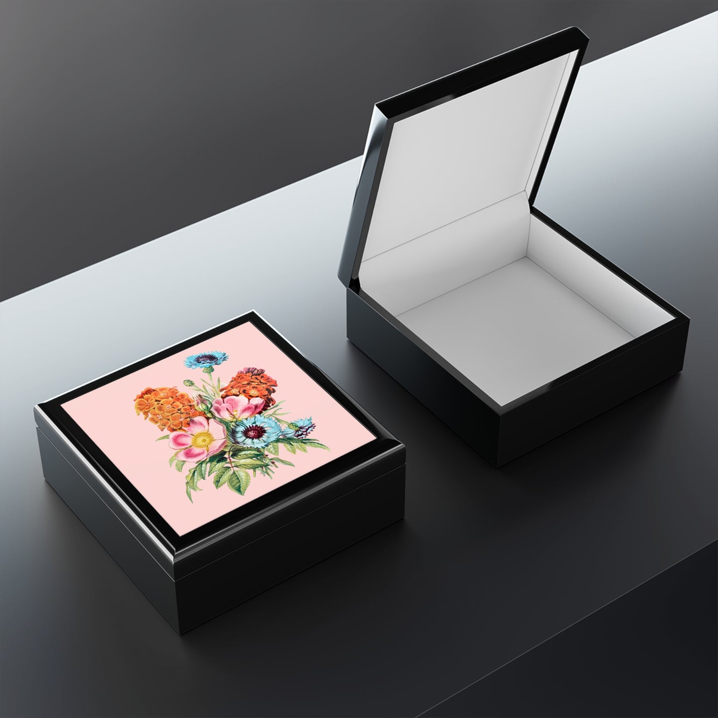 Vintage Botanical Floral Jewelry Box - Felt-Lined Rubberwood Keepsake Box with Glossy Printed Lid
