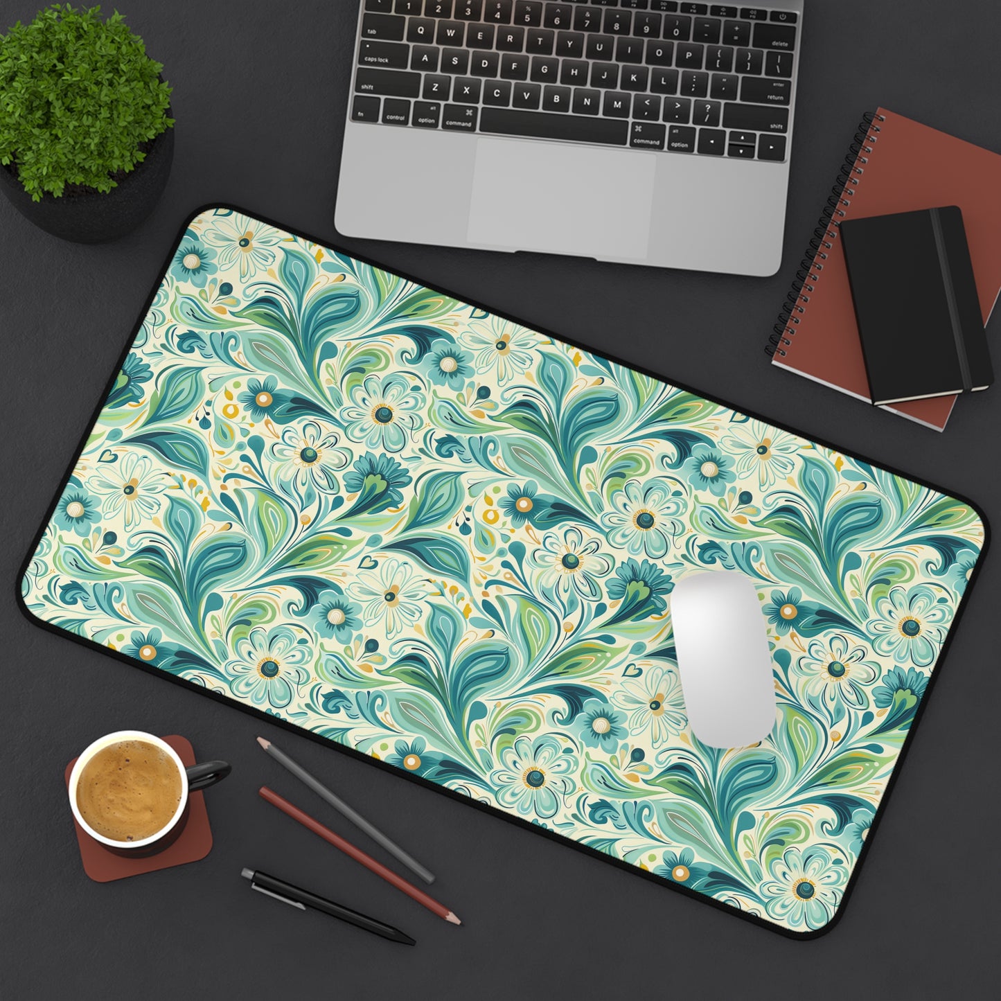 Whimsical Teal Floral Garden Desk Mat (Desk Pad) - Let Your Desk Bloom with Whimsy! Available in 3 sizes.
