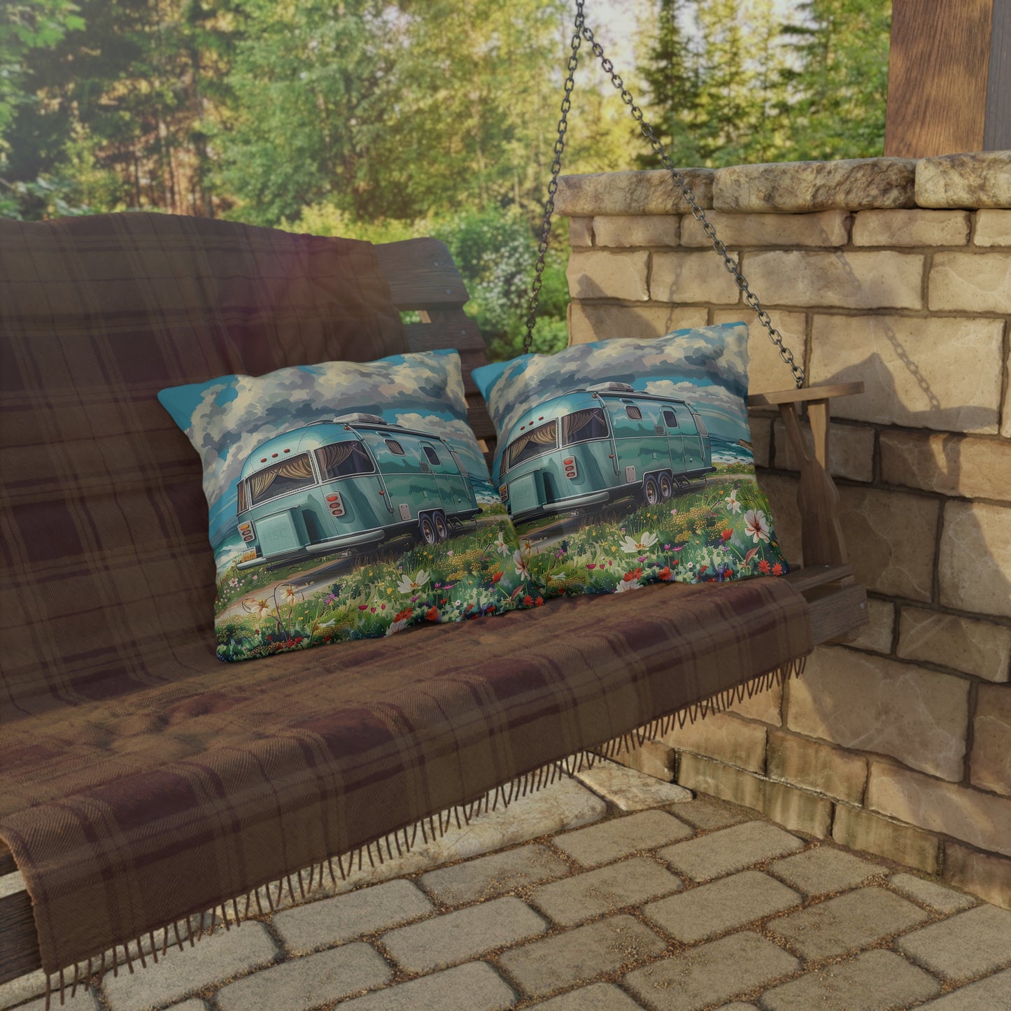 Retro Beach Bliss Square Outdoor Pillow - Spun Polyester - Double-Sided Print - UV-Resistant - Water-Resistant - Available in 3 sizes.