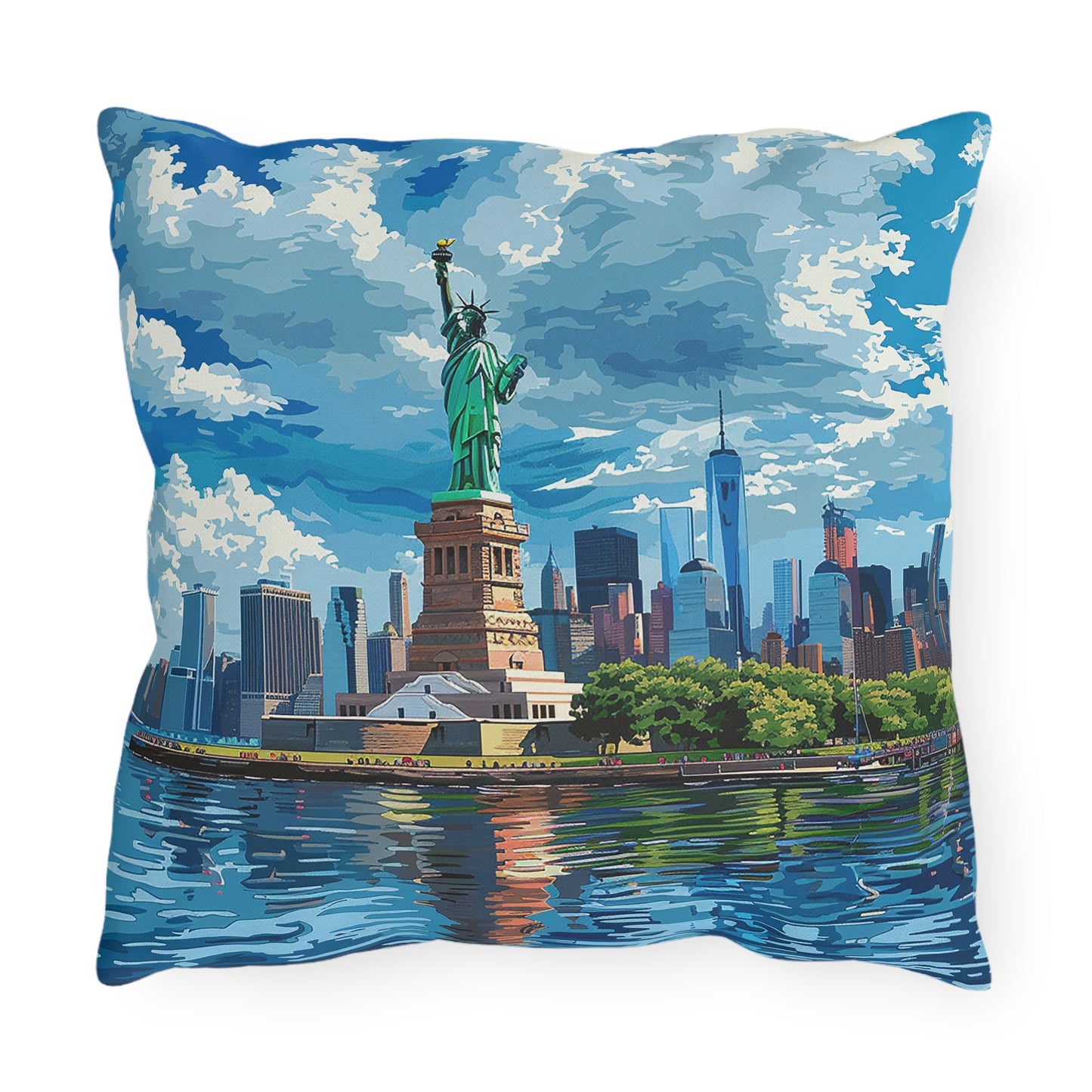 Statue of Liberty Square Outdoor Pillow - Spun Polyester - Double-Sided Print - UV-Resistant - Water Resistant - Available in 3 sizes.