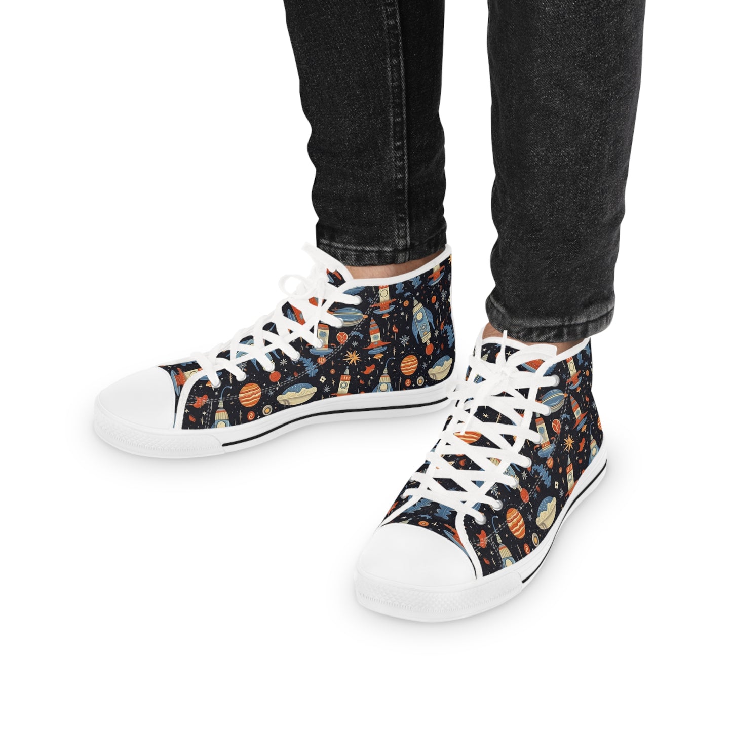Galactic Space Rocket Romp Men's High Top Sneakers - Launch Your Look! Elevate Your Style to the Stratosphere!