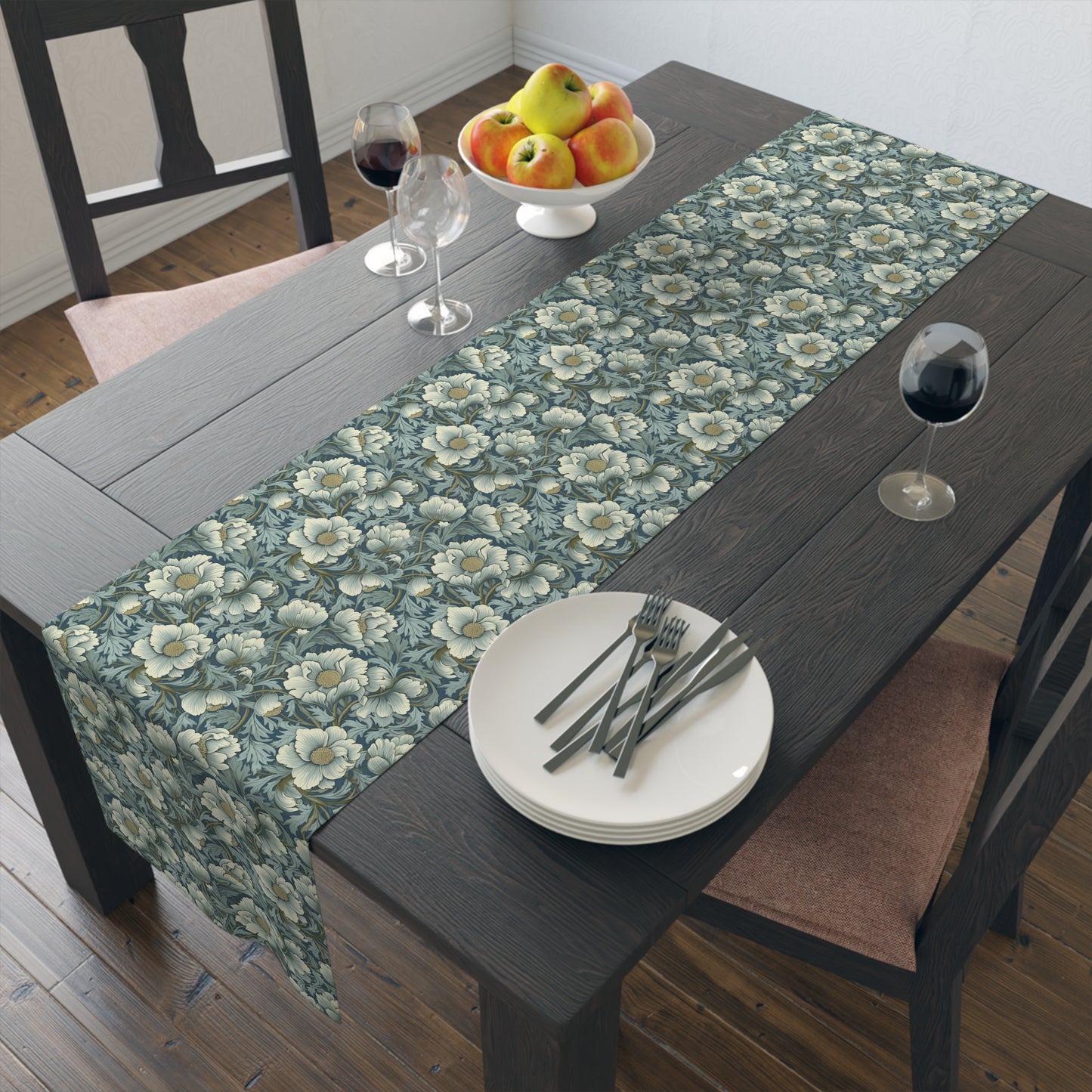 Timeless Teal English Garden Table Runner - Elevate Your Table with Timeless Elegance! Available in 2 sizes.