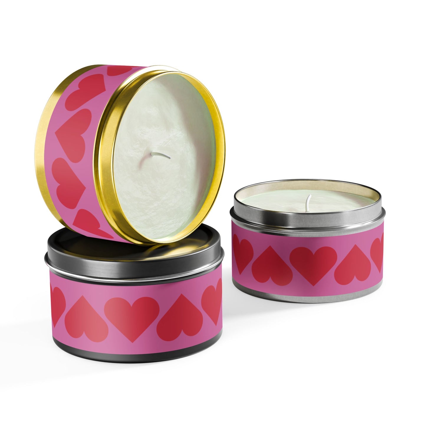 Hearts Aflutter Tin Candle. Ignite Your Space with Love - Where Every Flame Tells a Story! Available in 2 sizes, 3 finishes, and 5 scents.
