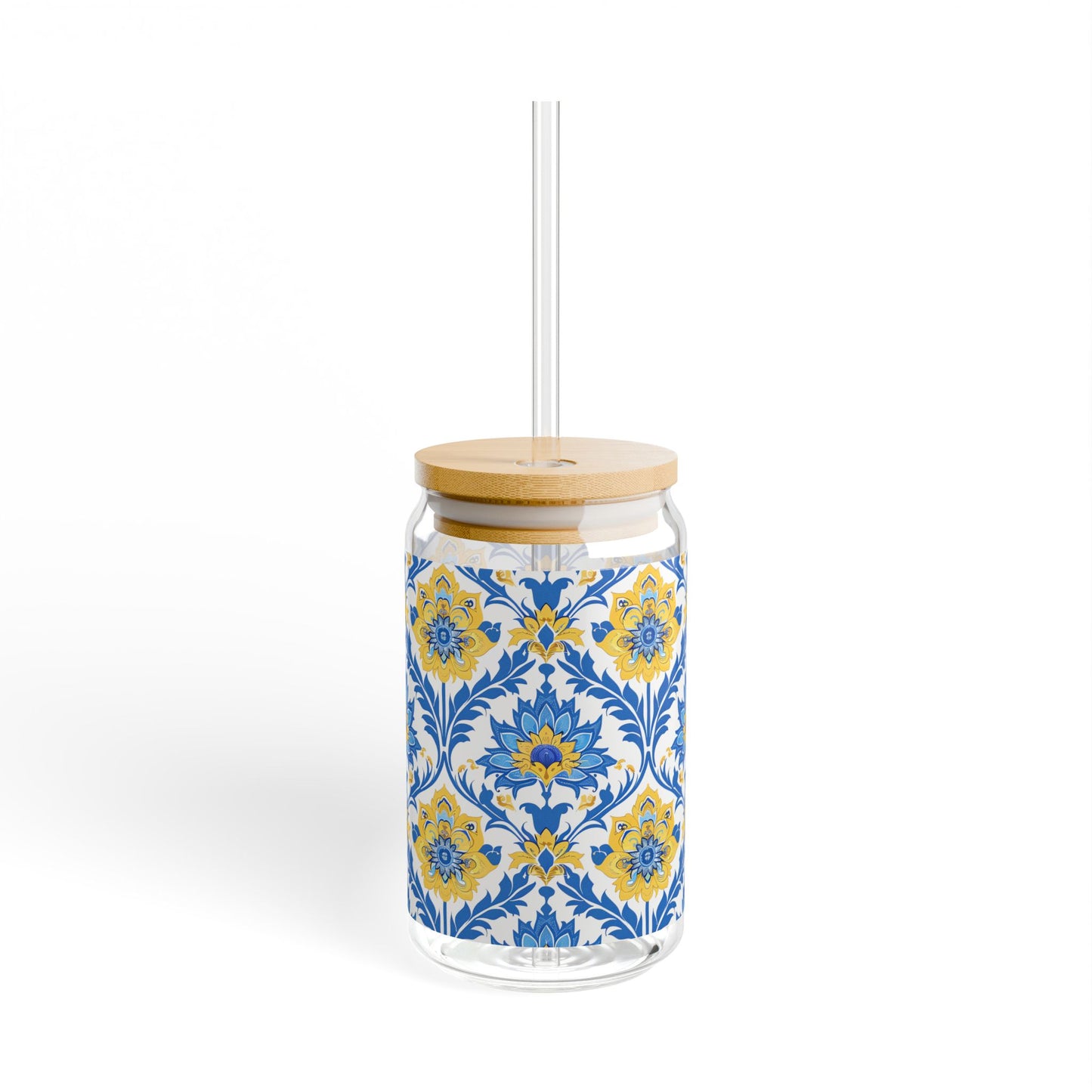 Heritage Bloom Sipper Glass Tumbler - 16 oz - Sip in Classically Beautiful Blue and Yellow Style!