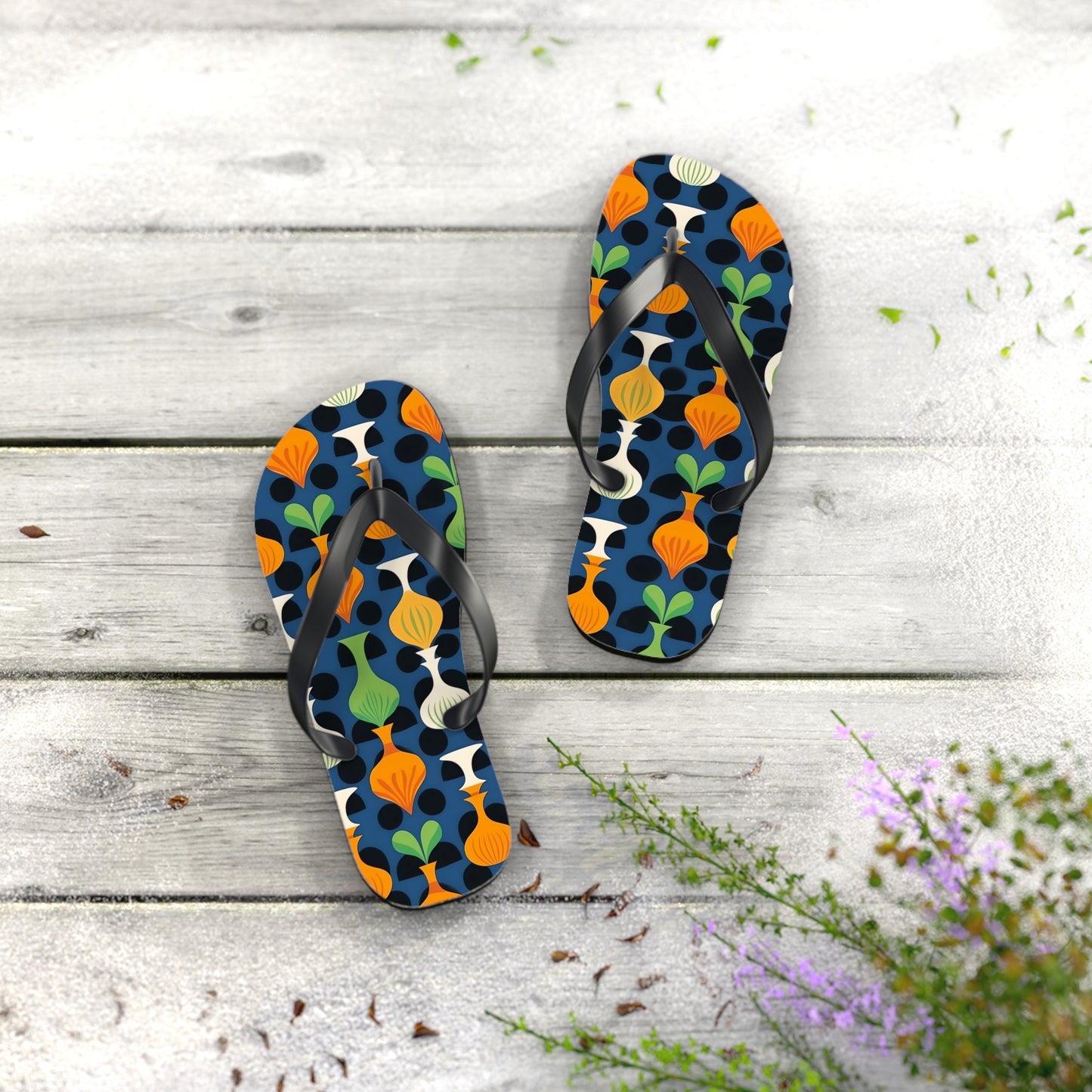 Mod Floating Vases Flip Flops. 5/8" Thick Comfortable Summer or Winter Gym/Sauna Footwear for Men and Women.