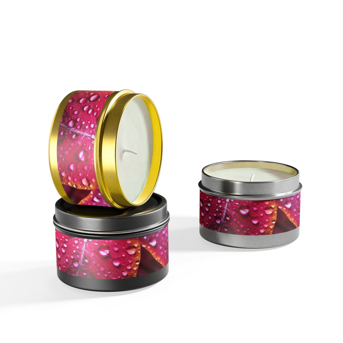 Tropical Dew Leaf Tin Candle. Embrace Nature's Serenity - A Tropical Retreat in Every Flame. Available in 2 sizes, 3 finishes, and 3 scents.