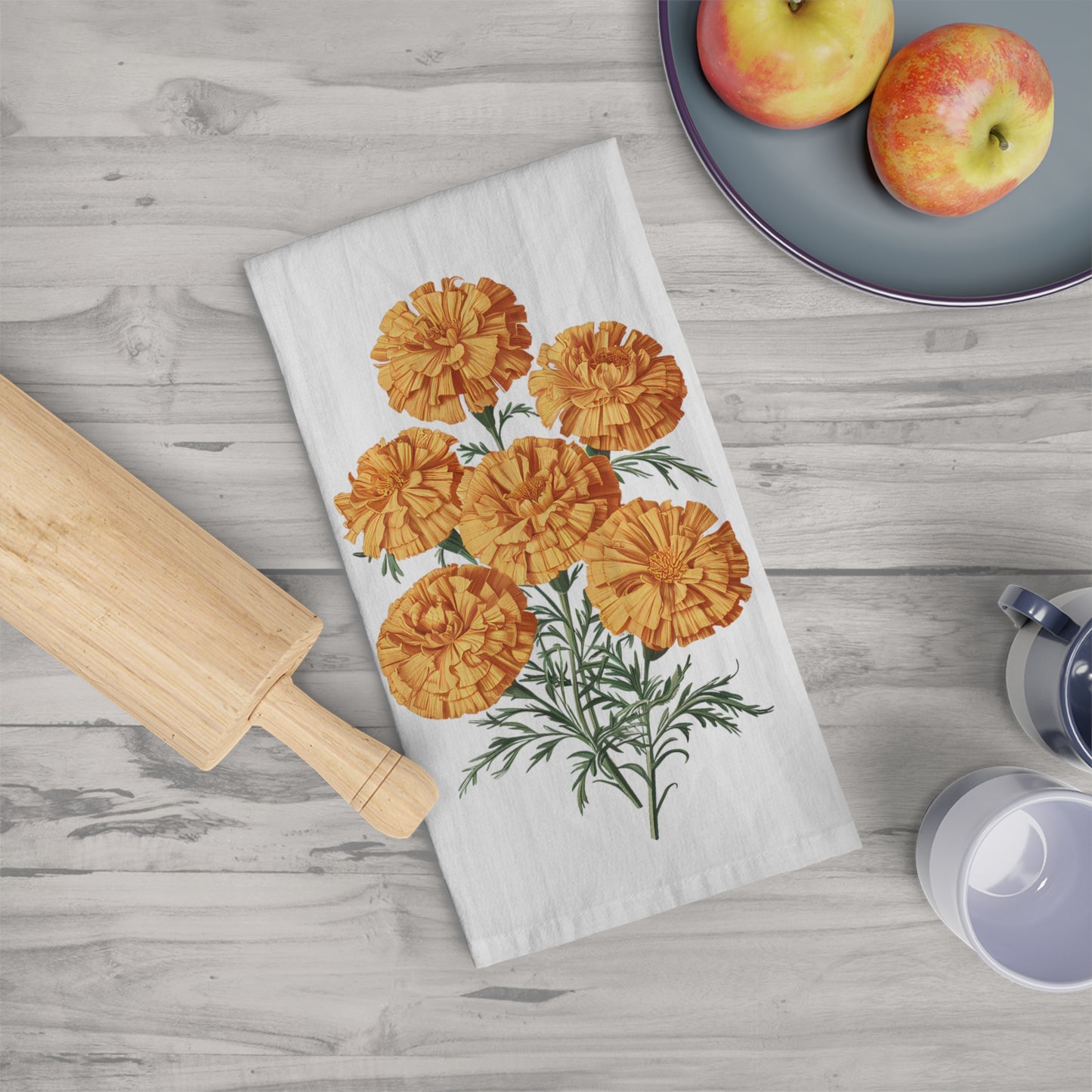 October Birth Month Flower - Marigold Tea Towel - 100% Cotton - 28" x 28" - Brighten Your Kitchen with October’s Golden Blooms! From our Blooming Celebration Birth Flower Collection.