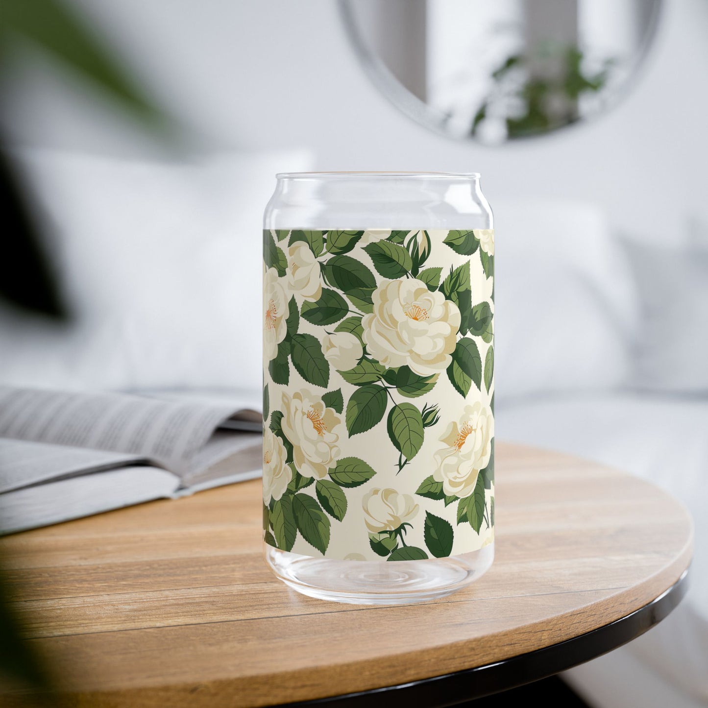 White Roses at Dawn Sipper Glass Tumbler - 16 oz - Life's a Bed of White Roses When You Sip from our White Rose Sipper Glass!