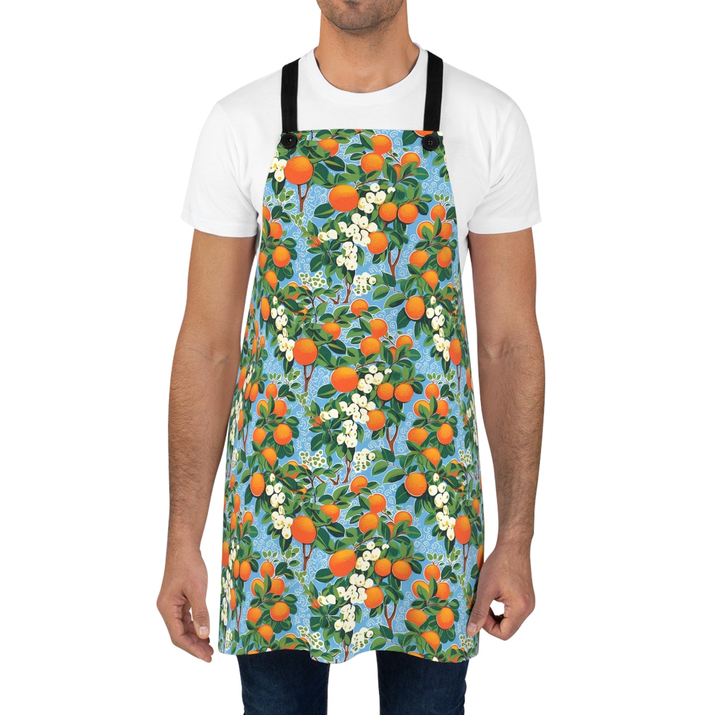 Citrus Blue Bliss Adult Apron - Vibrant Orange Blossom Design - Modern Chic Polyester Kitchen Apron with Detachable Straps.
