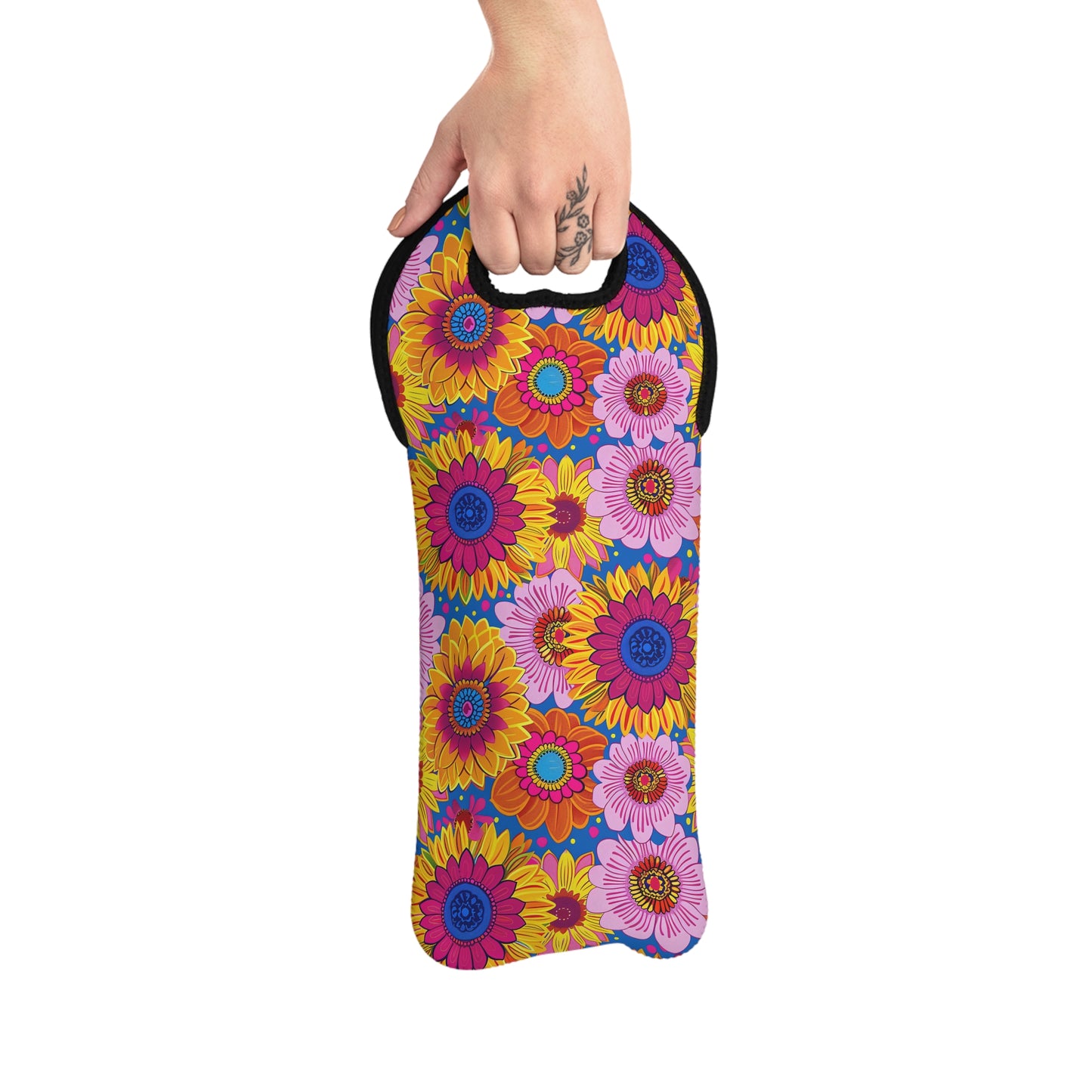 Sunny Garden Soirée Wine Tote Bag - 100% Neoprene - Carry a Garden of Sunshine with Every Sip!