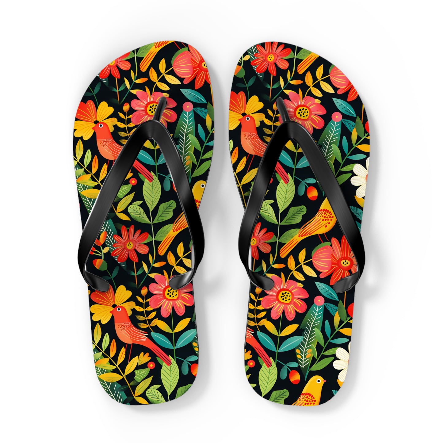 Blooming Bird Wonderland Flip Flops. 5/8" Thick Comfortable Summer or Winter Gym/Sauna Footwear for Men and Women.
