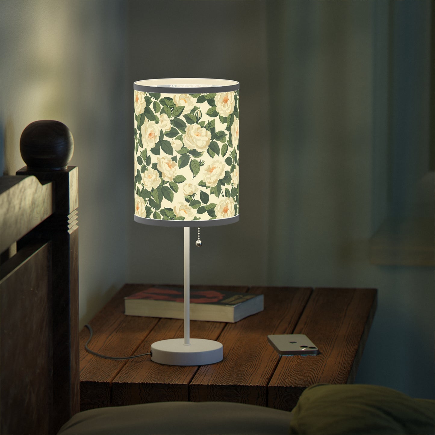 White Roses at Dawn Modern Table Lamp. 20" Tall, Metal Stand, US|CA Plug, Available in 2 Finishes & Multiple Trim Colors
