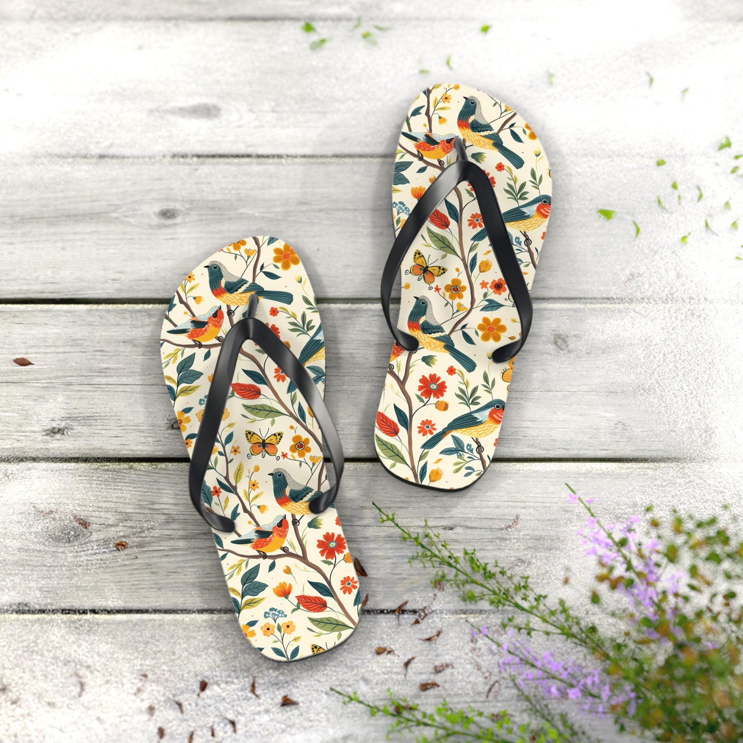 Tree Birds Flip Flops. 5/8" Thick Comfortable Summer or Winter Gym/Sauna Footwear for Men and Women.