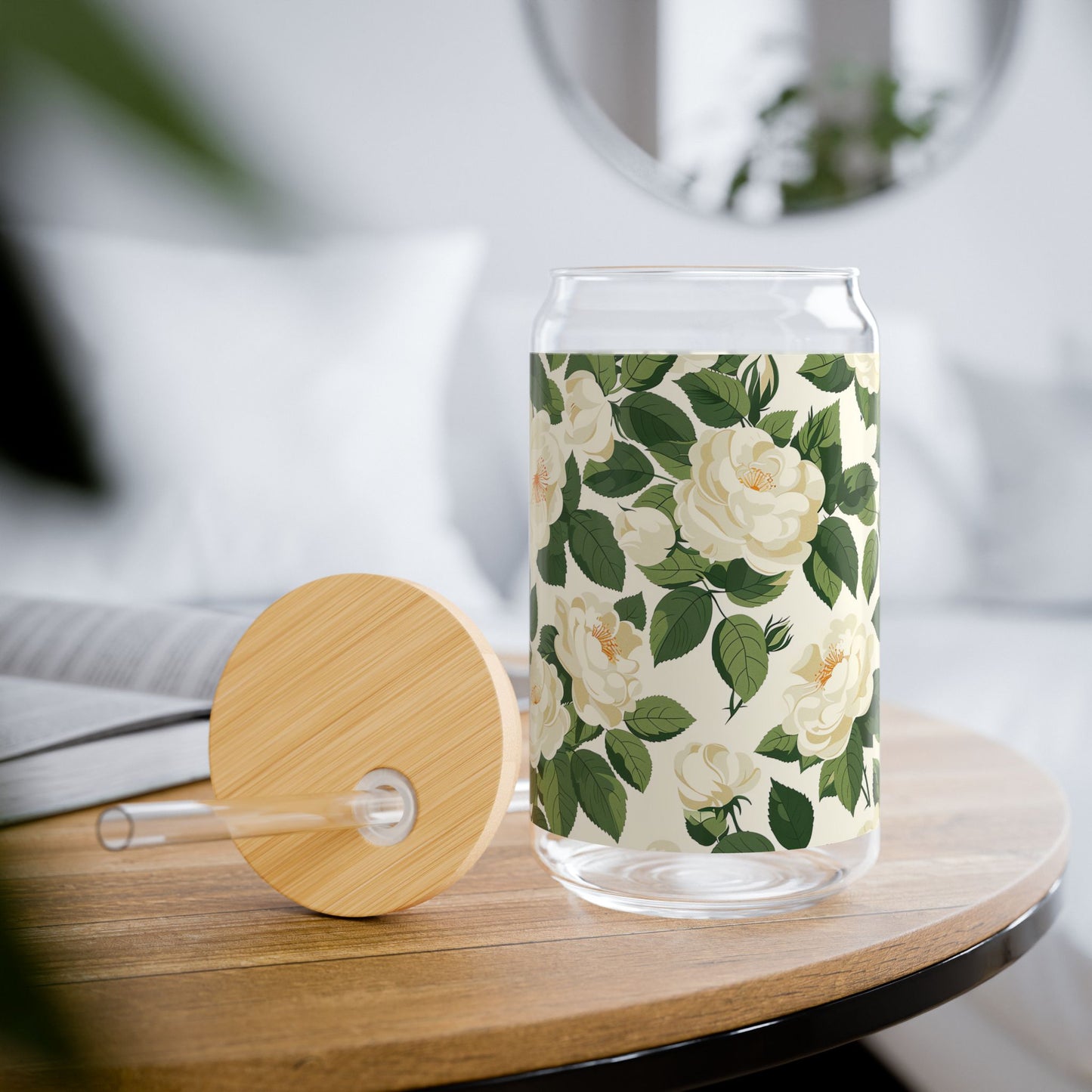White Roses at Dawn Sipper Glass Tumbler - 16 oz - Life's a Bed of White Roses When You Sip from our White Rose Sipper Glass!