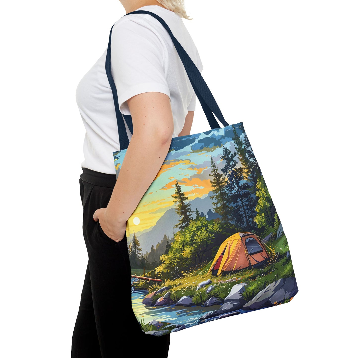 Sunset Mountain Retreat Tote Bag - Carry the Serenity of Camping Next to a Mountain Stream with You! Available in 3 sizes.