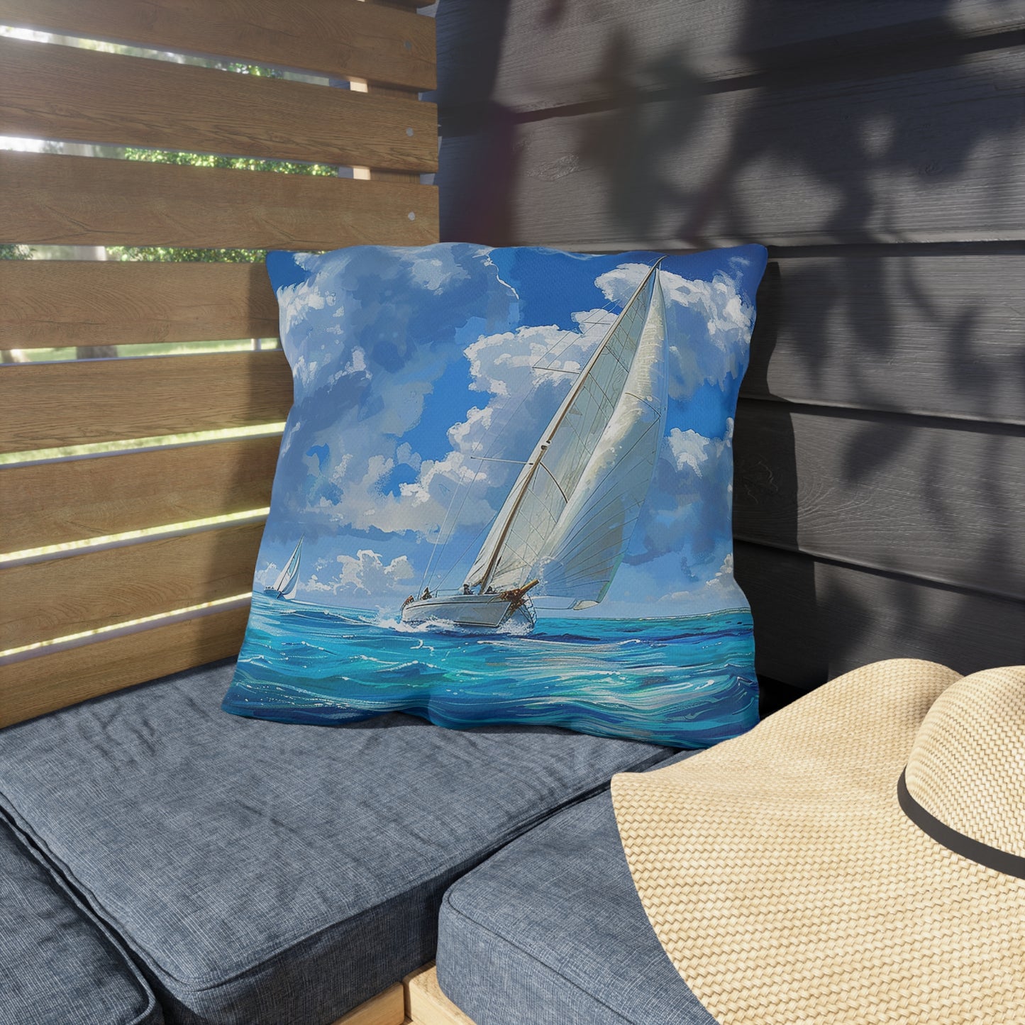 Ocean Breeze Sailing Square Outdoor Pillow - Spun Polyester - Double-Sided Print - UV-Resistant - Water-Resistant - Available in 3 sizes.