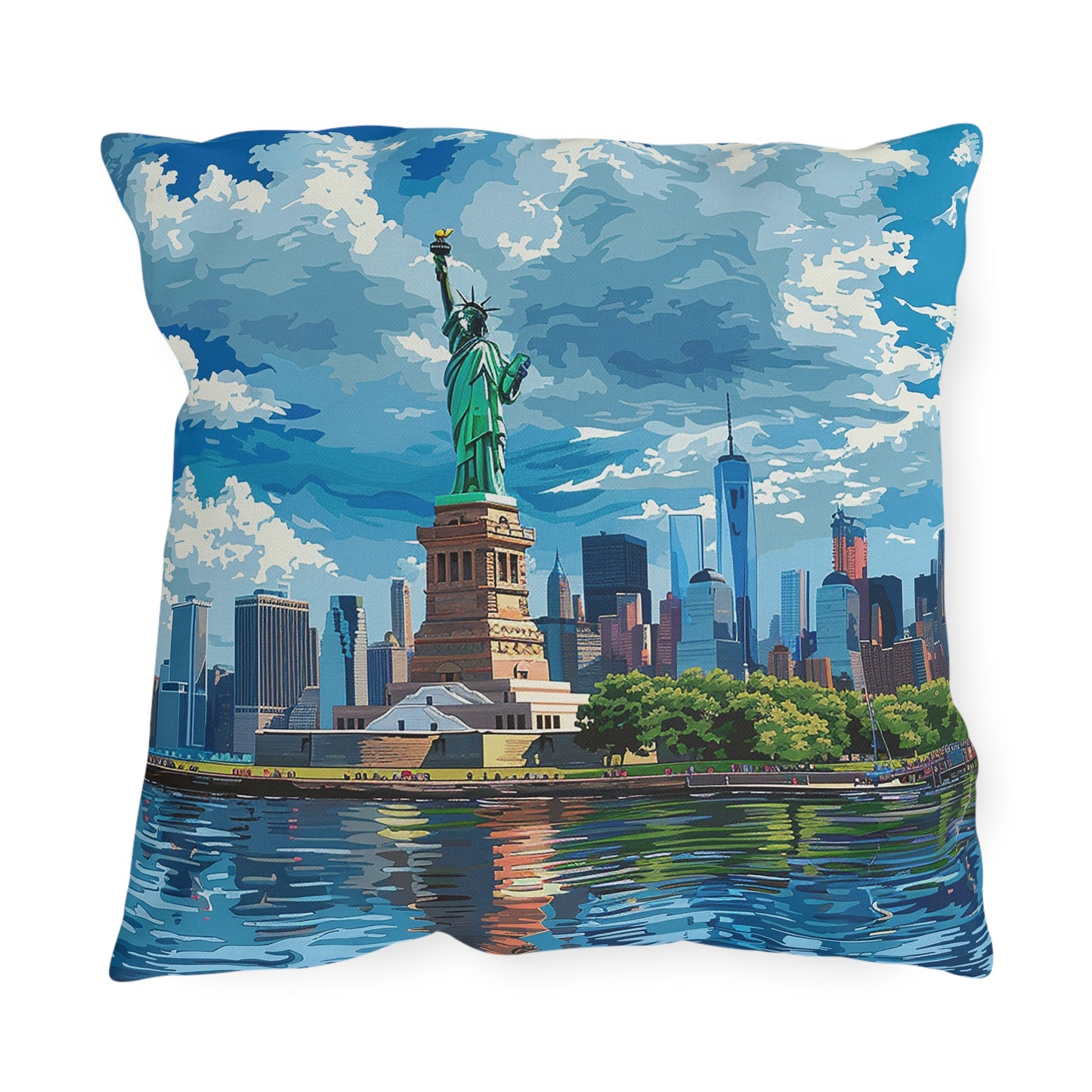 Statue of Liberty Square Outdoor Pillow - Spun Polyester - Double-Sided Print - UV-Resistant - Water Resistant - Available in 3 sizes.