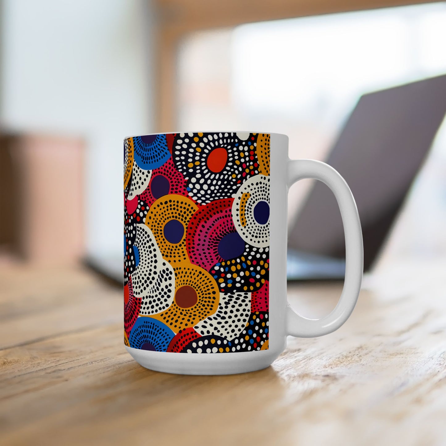 Ethnic Circle Pop Ceramic Mug - 15 oz. - Pop into Colorful Elegance with Every Sip!