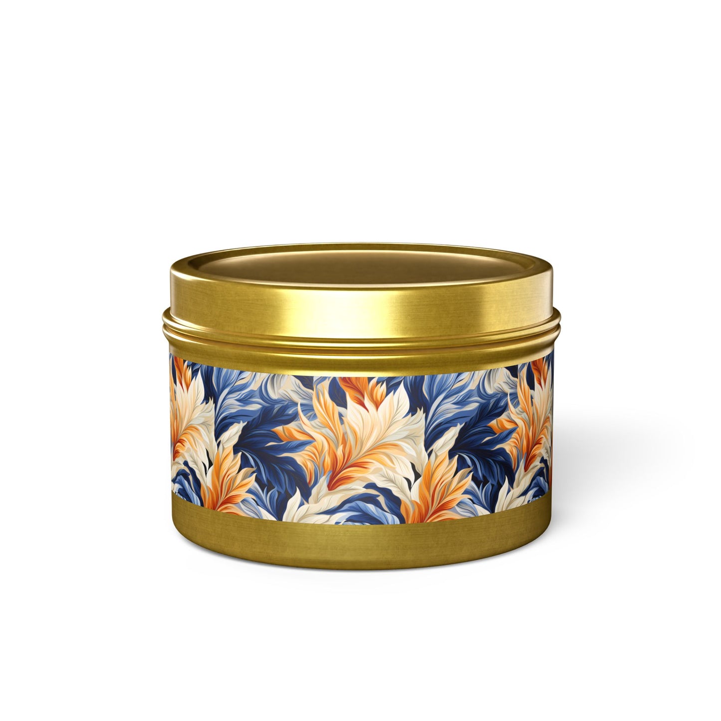 Feathered Fresco Fusion Tin Candle. A Touch of Feathered Grace in Every Flicker. Available in 2 sizes, 3 finishes, and 5 scents.