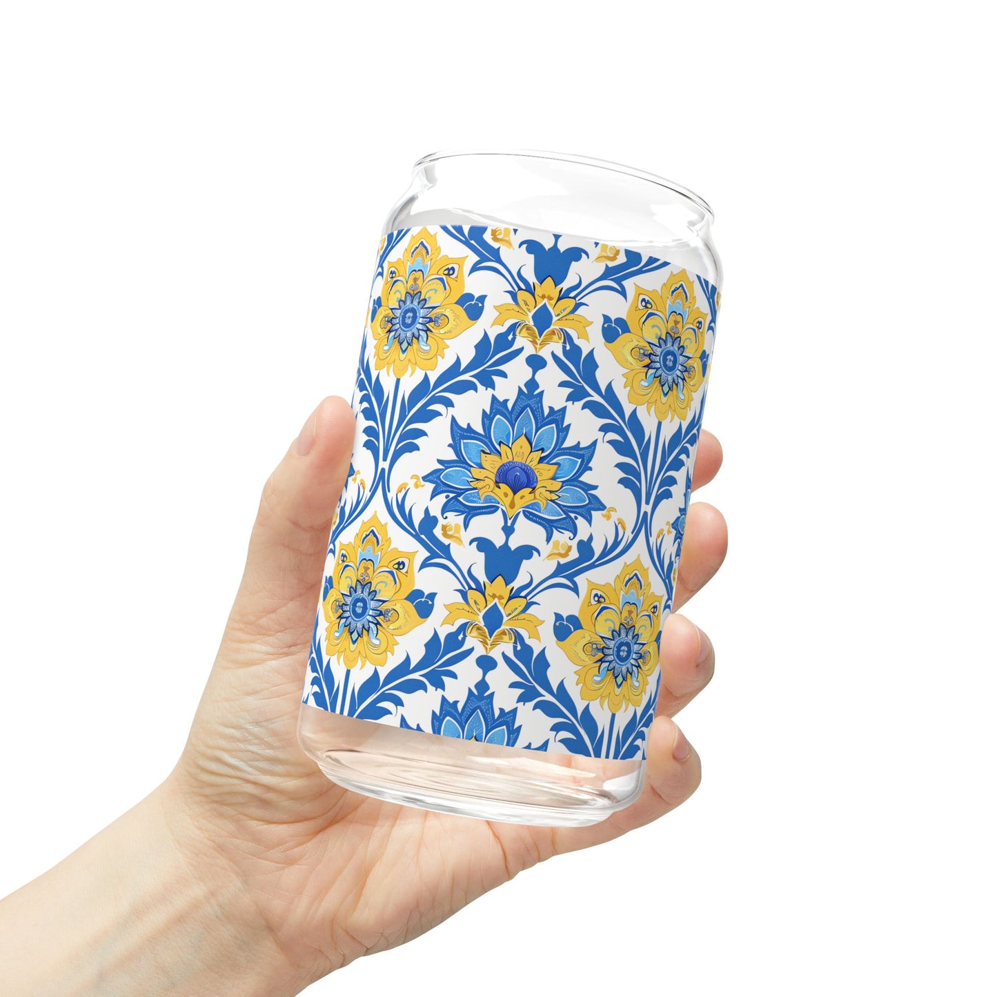 Heritage Bloom Sipper Glass Tumbler - 16 oz - Sip in Classically Beautiful Blue and Yellow Style!
