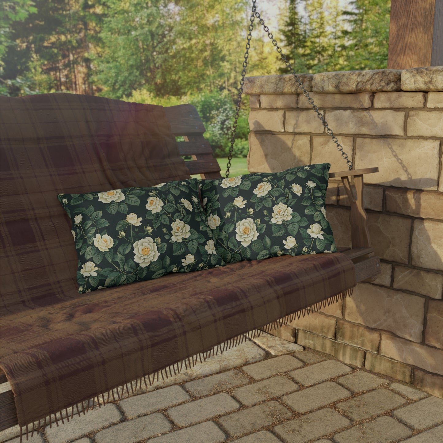 White Roses at Dusk Outdoor Lumbar Pillow - Spun Polyester - Double-Sided Print - UV-Resistant - Water-Resistant - Lumbar size: 20" x 14"