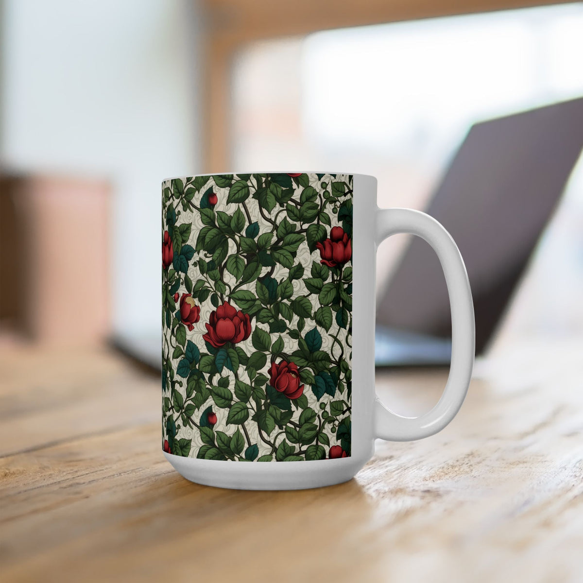 Classic Red Rose & Vine ceramic mug shown in context on a kitchen shelf