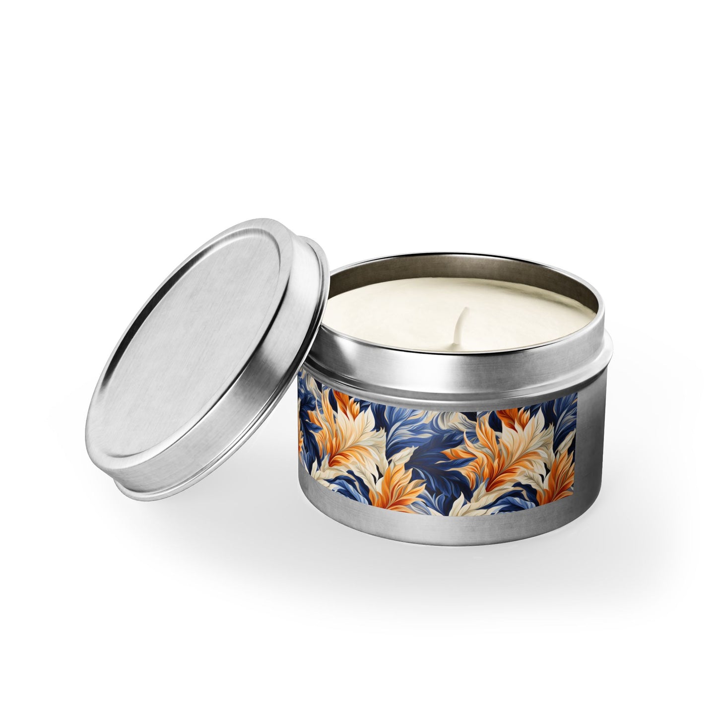 Feathered Fresco Fusion Tin Candle. A Touch of Feathered Grace in Every Flicker. Available in 2 sizes, 3 finishes, and 5 scents.