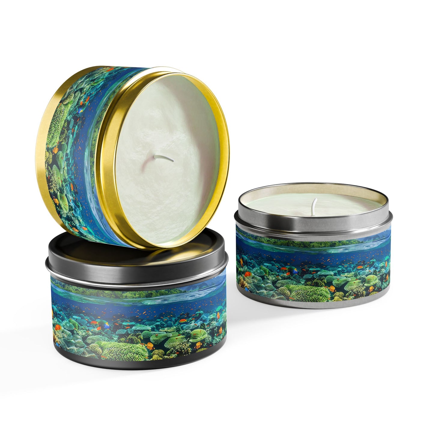 Coral Reef Dreamscape Tin Candle. Dive into a Sea of Serenity. Available in 2 sizes, 3 finishes, and 5 scents.