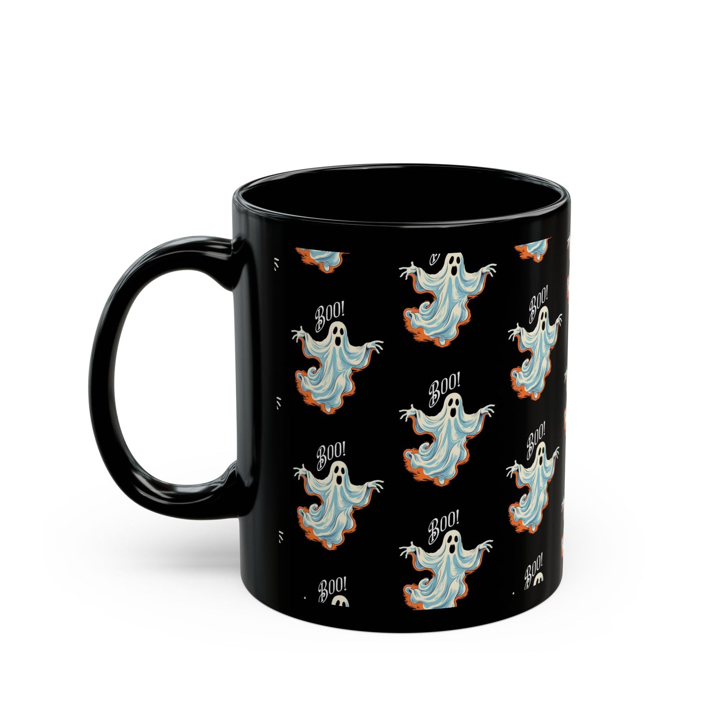 Boo! Chic Retro Ghost Halloween Black Mug - 11oz, 15oz - Sip in Spooky Style with a Retro Twist!