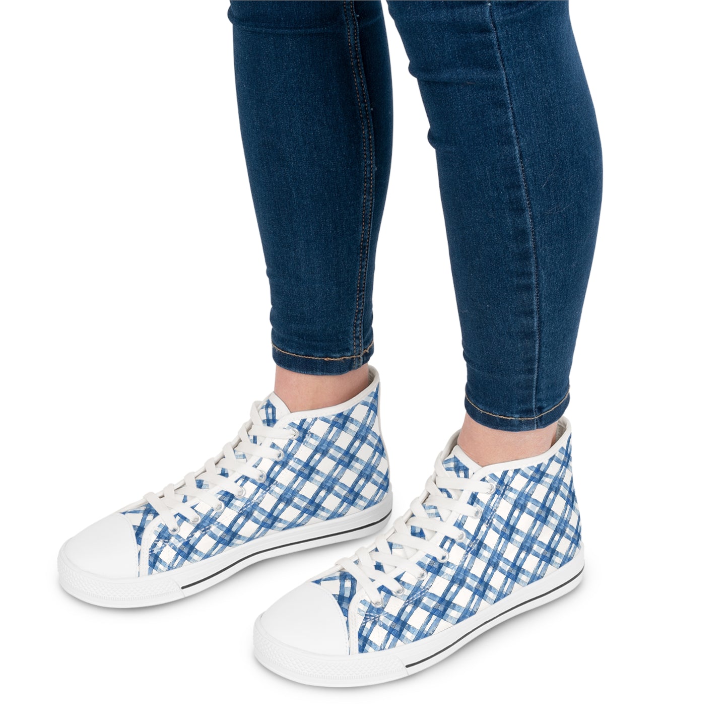Blue Breeze Gingham Ladies' High Top Sneakers - Elevate Your Stride - Breeze Through Your Day in Style!
