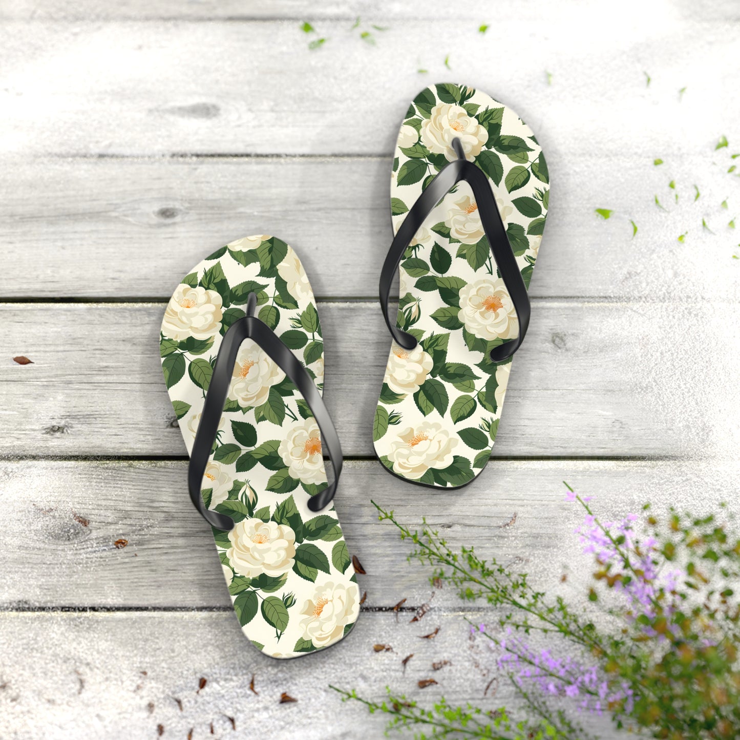 White Roses at Dawn Flip Flops. 5/8" Thick Comfortable Summer or Winter Gym/Sauna Footwear for Men and Women.