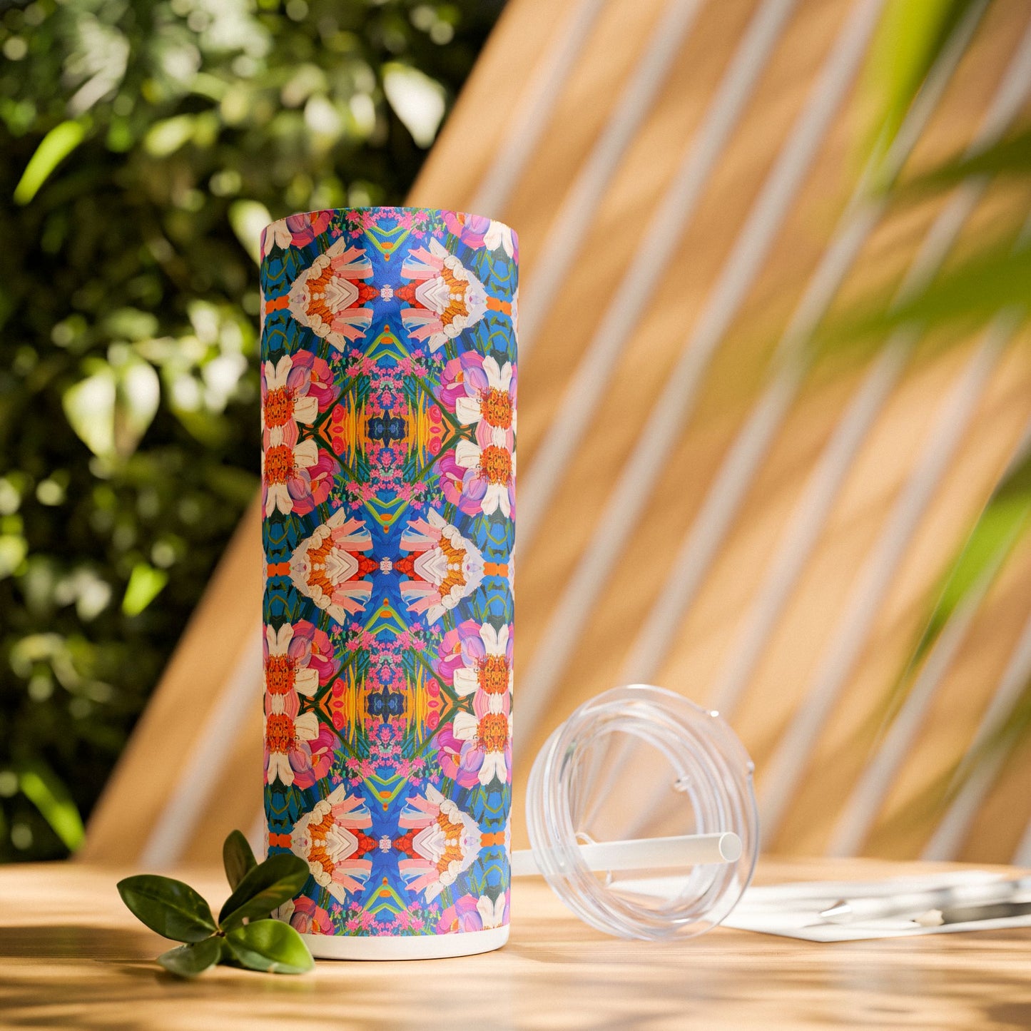 Floral Kaleidoscope Bliss Skinny Tumbler with Straw - 20 oz. Insulated Stainless Steel - Spin into a World of Color with Every Sip!