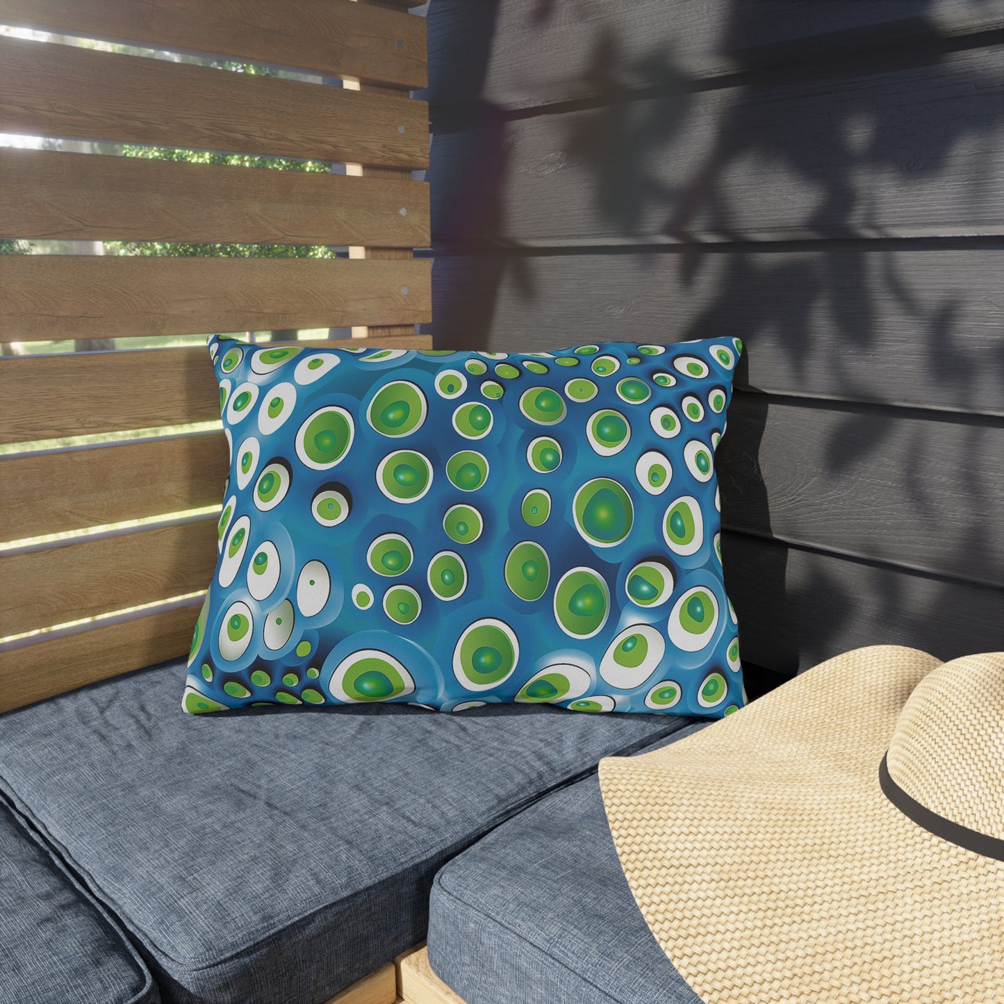 Embryonic Space Pods Outdoor Lumbar Pillow - Spun Polyester - Double-Sided Print - UV-Resistant - Water-Resistant - Lumbar size: 20" x 14"