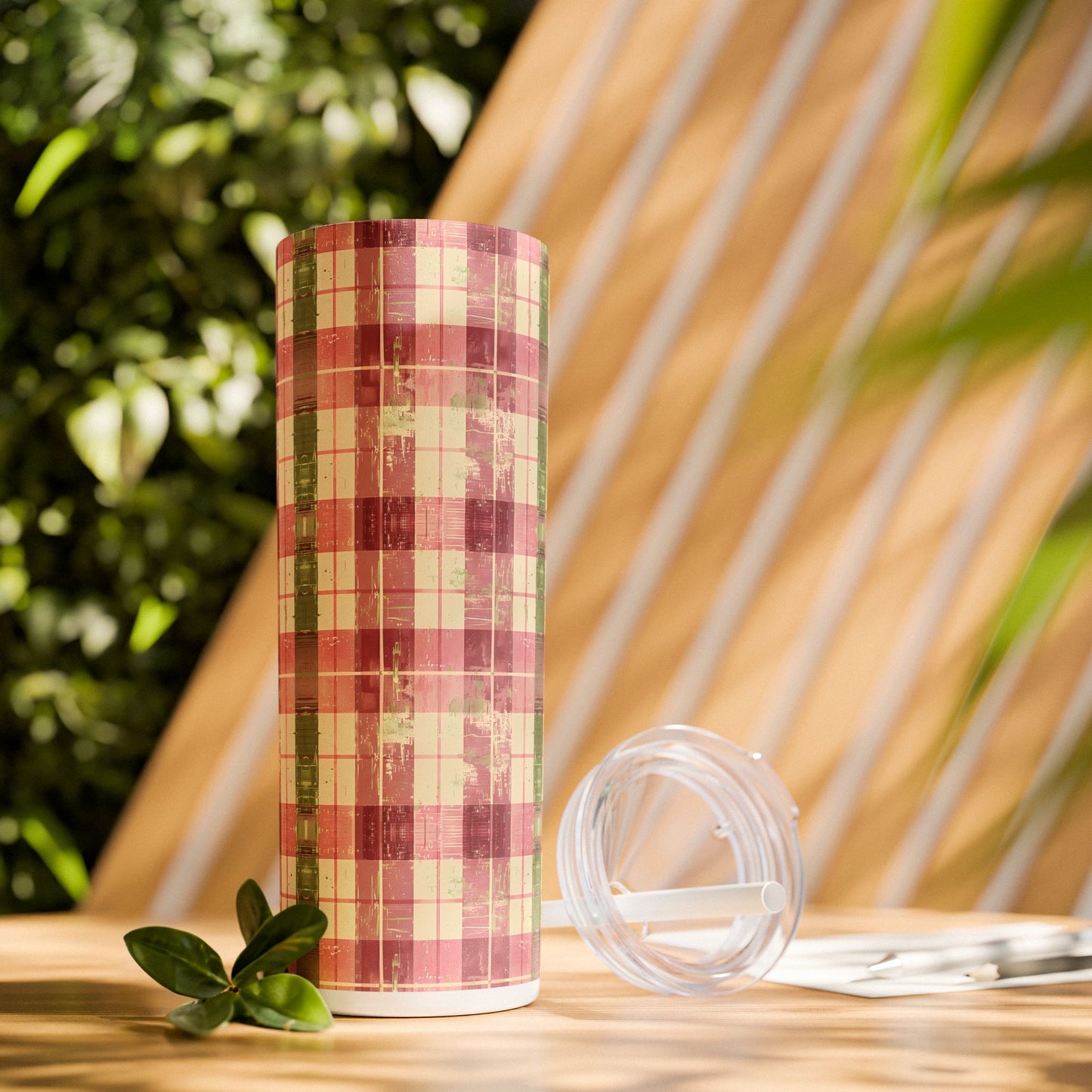 Spring Serenade Plaid Skinny Tumbler with Straw - 20 oz. Insulated Stainless Steel - Sip into Spring: The Serenade of Style and Sustainability.