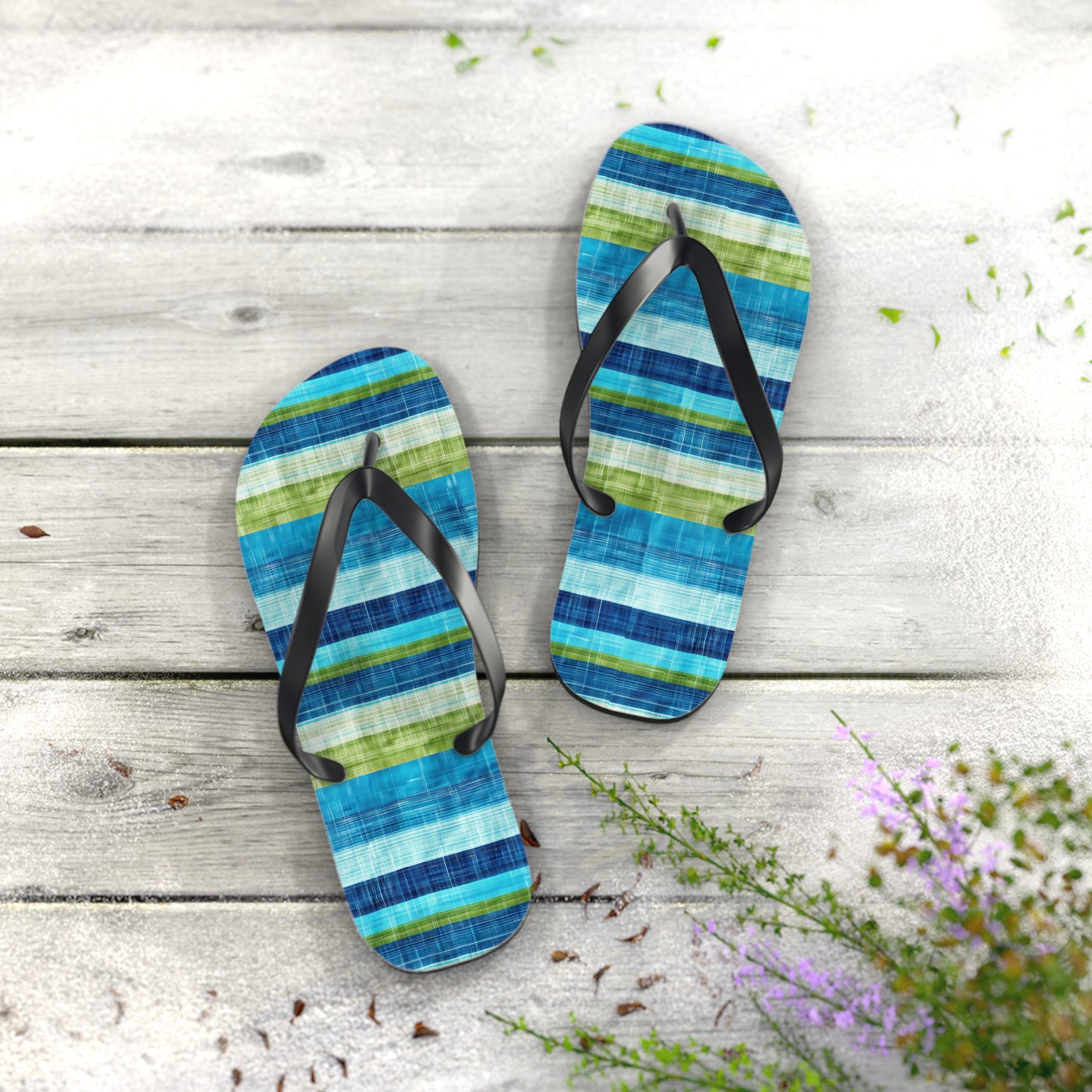 Ocean Whisper Stripes Flip Flops. 5/8" Thick Comfortable Summer or Winter Gym/Sauna Footwear for Men and Women.