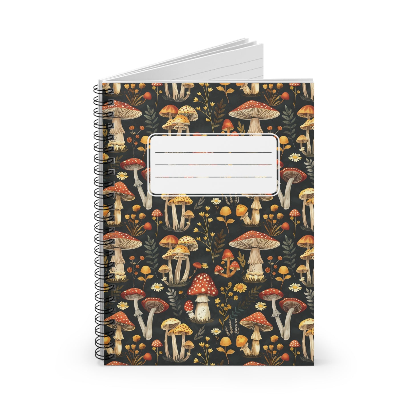 Whimsical Mushroom Forest with Label Chic Spiral Notebook - Ruled Line - Yes, Mushrooms are Fun!