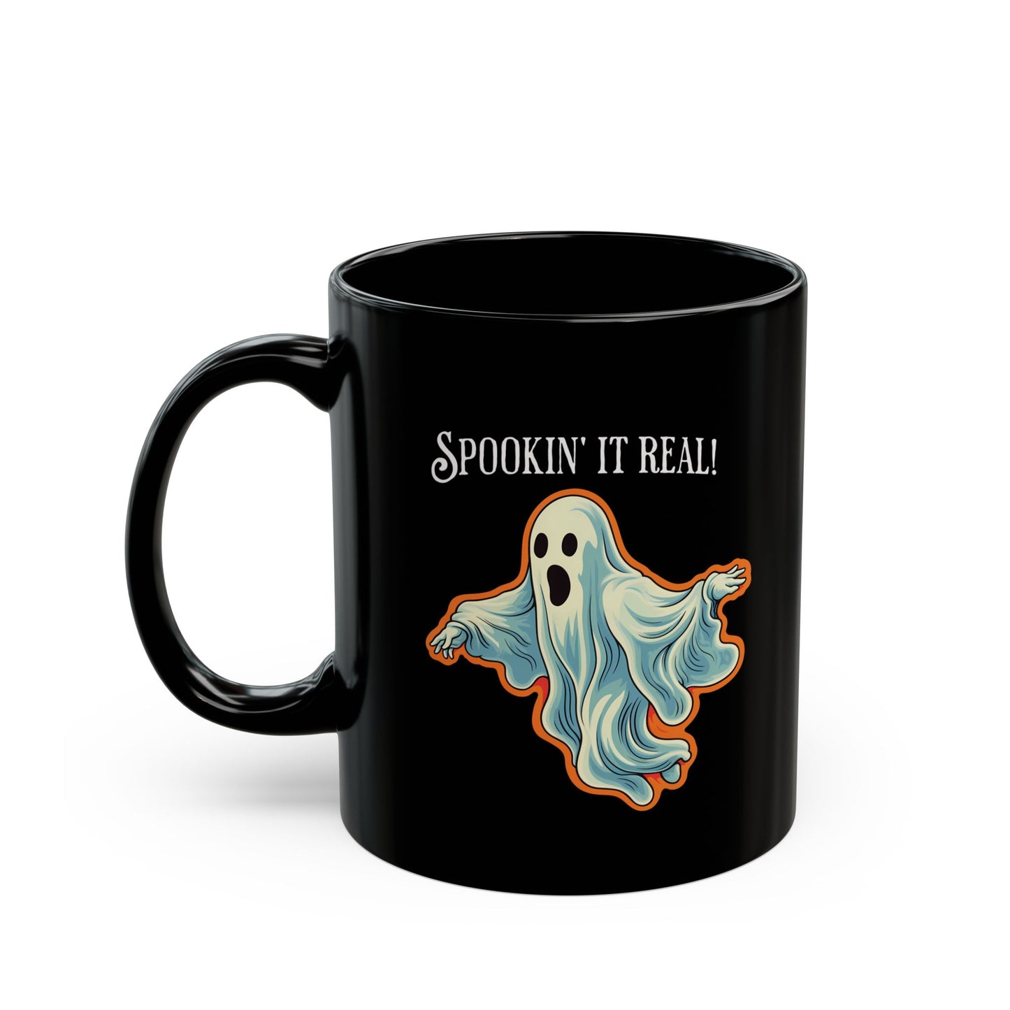 Spookin it' Real Chic Retro Ghost Halloween Black Mug - 11oz, 15oz - Start Your Day with a Ghostly Good Brew!